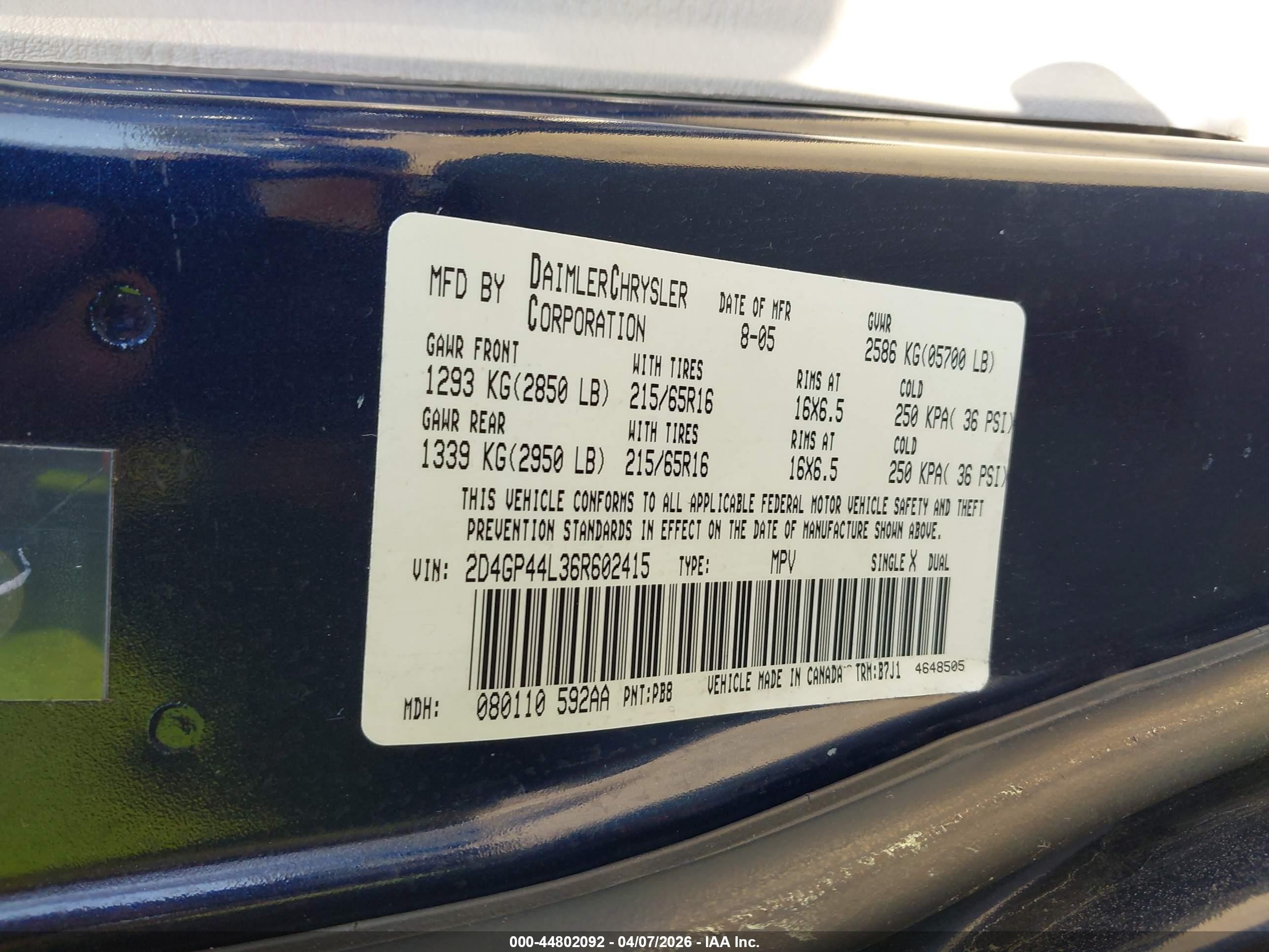 2006 Dodge Grand Caravan Sxt Dark Blue vin: 2D4GP44L36R602415