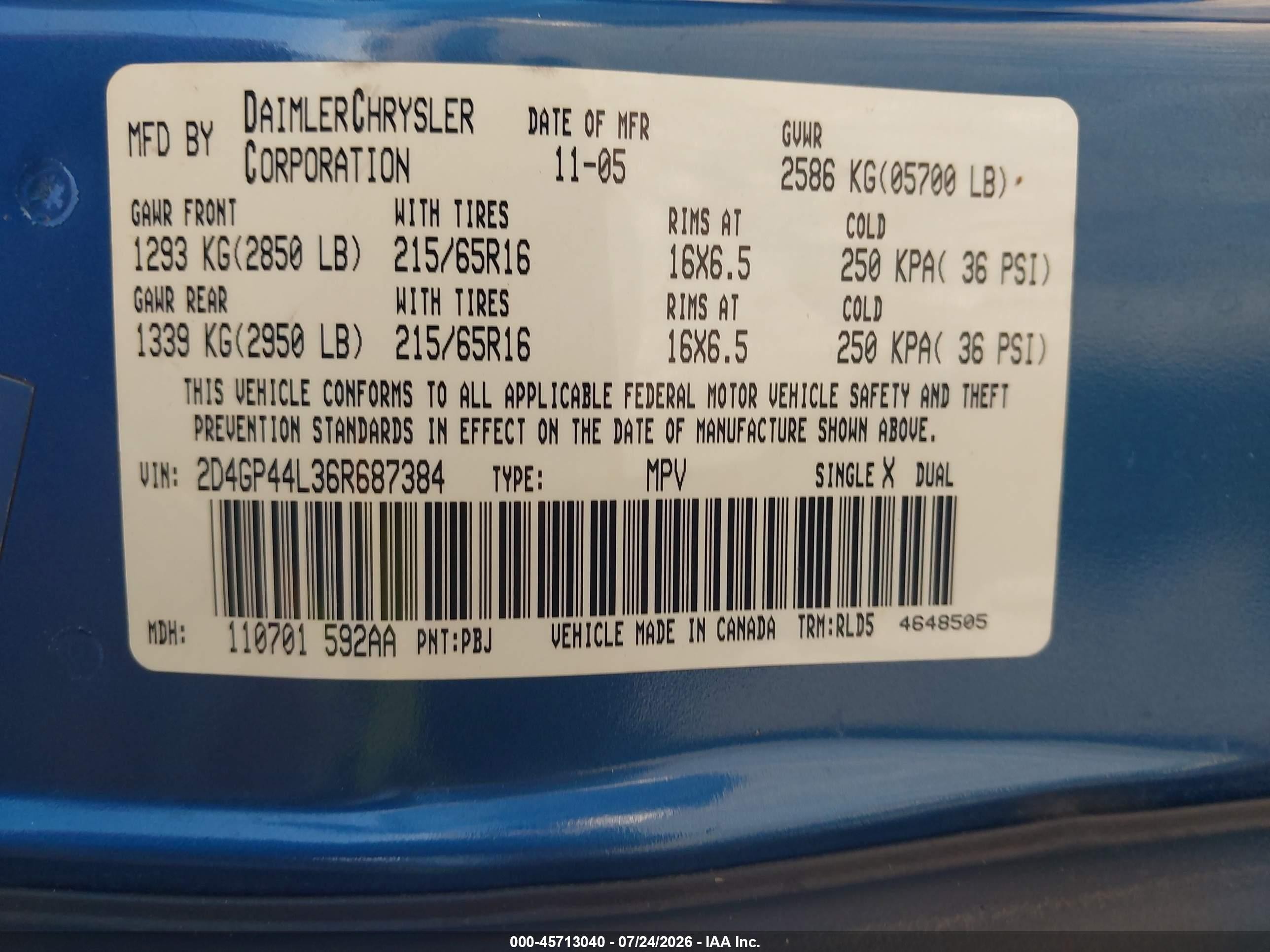 2006 Dodge Grand Caravan Sxt Blue vin: 2D4GP44L36R687384