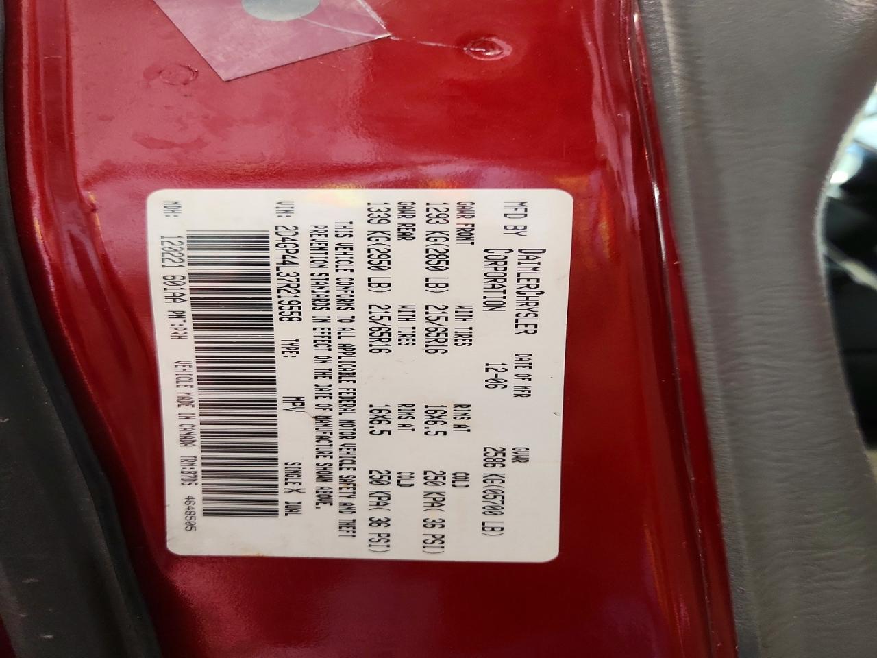 2007 Dodge Grand Caravan Sxt Red vin: 2D4GP44L37R219558
