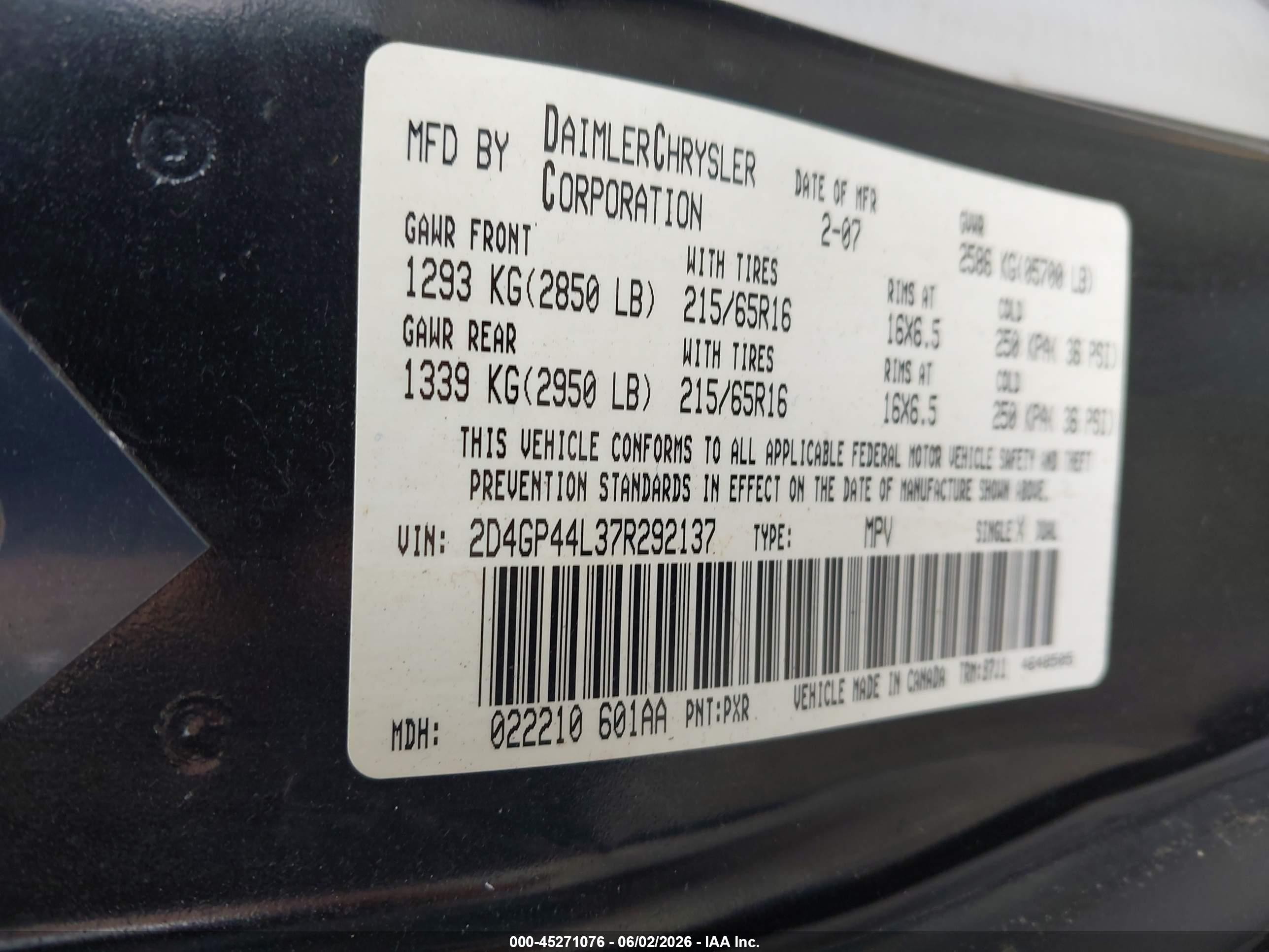 2007 Dodge Grand Caravan Sxt Black vin: 2D4GP44L37R292137