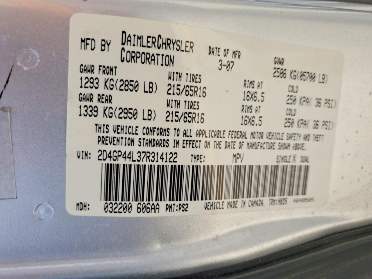 2007 Dodge Grand Caravan Sxt Silver vin: 2D4GP44L37R314122