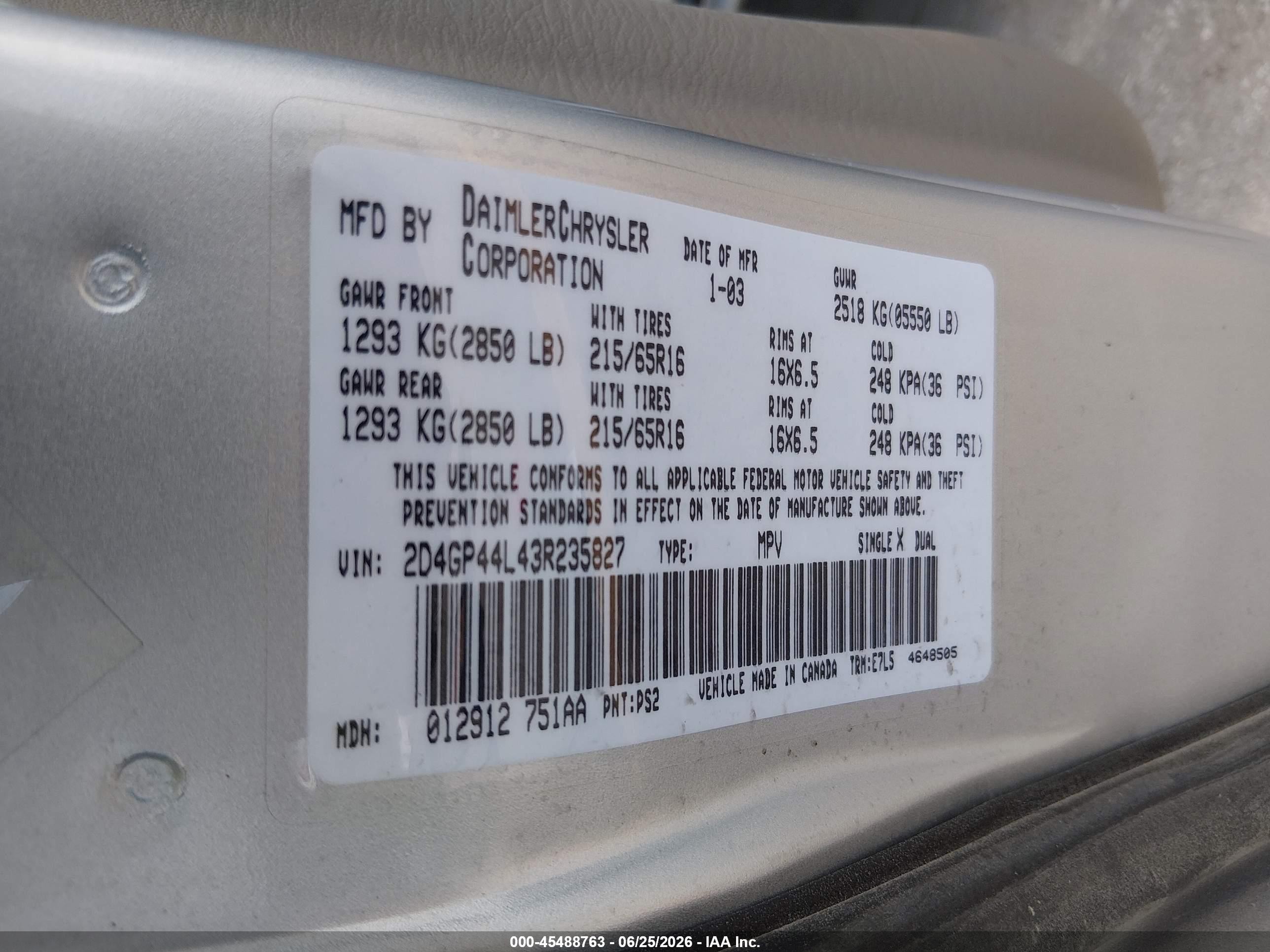 2003 Dodge Grand Caravan Sport Silver vin: 2D4GP44L43R235827