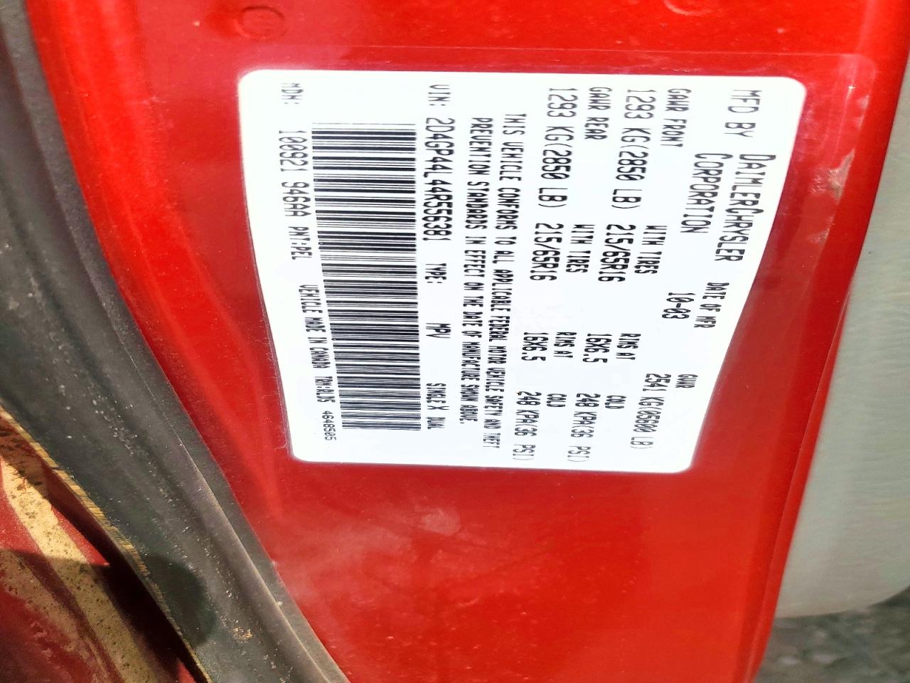 2004 Dodge Grand Caravan Sxt Red vin: 2D4GP44L44R556381