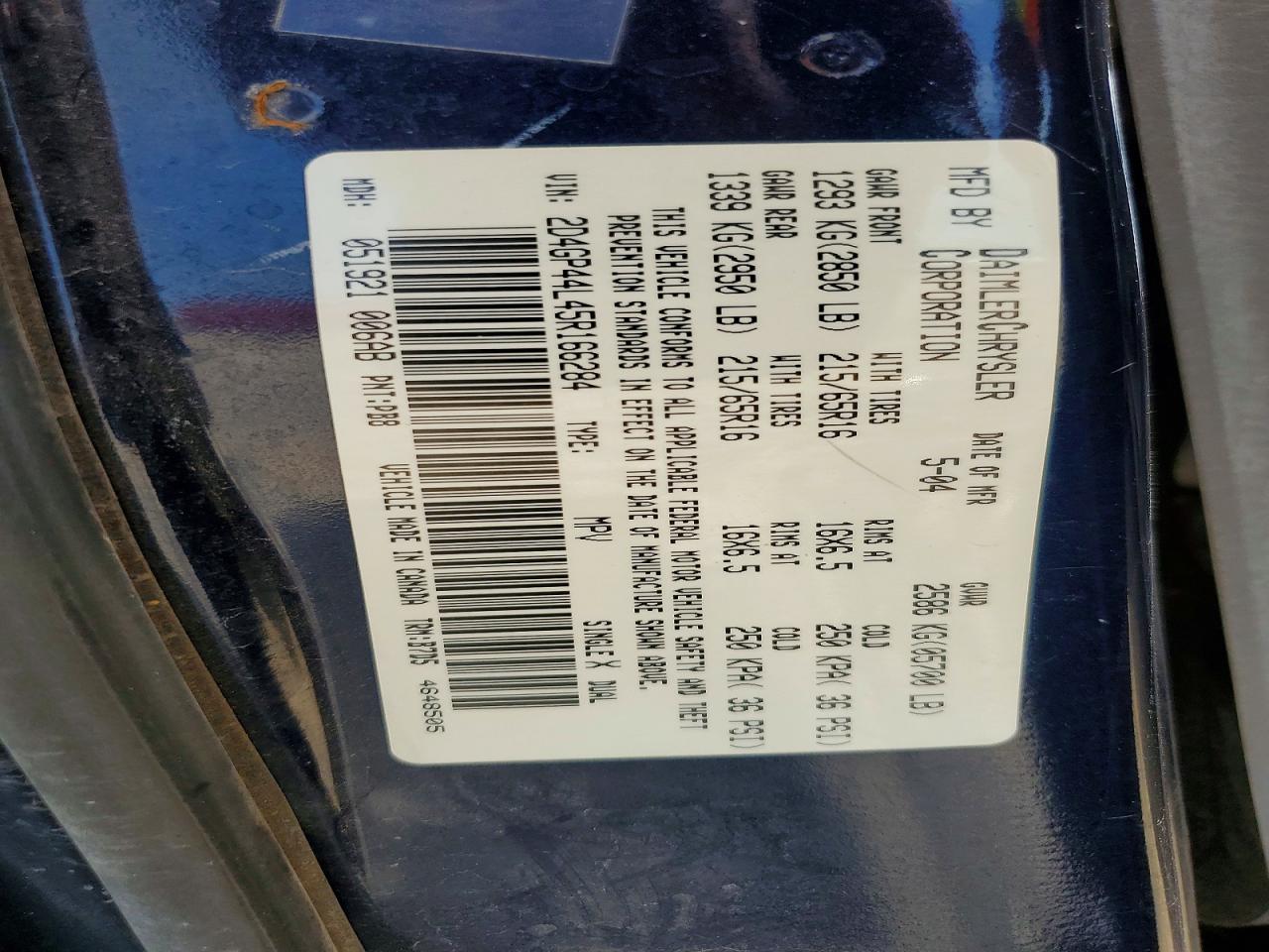 2005 Dodge Grand Caravan Sxt Blue vin: 2D4GP44L45R166284