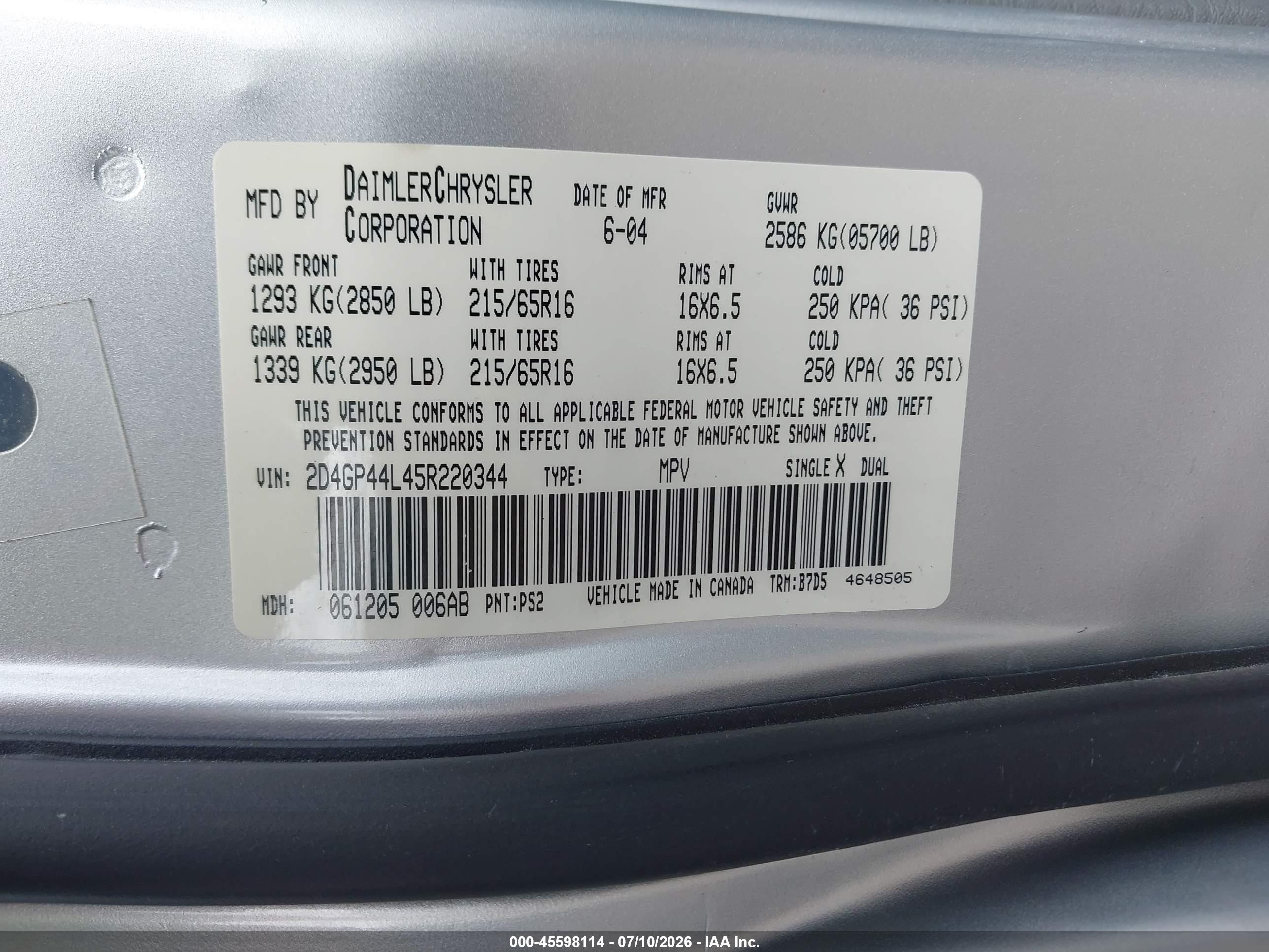 2005 Dodge Caravan Sxt Silver vin: 2D4GP44L45R220344