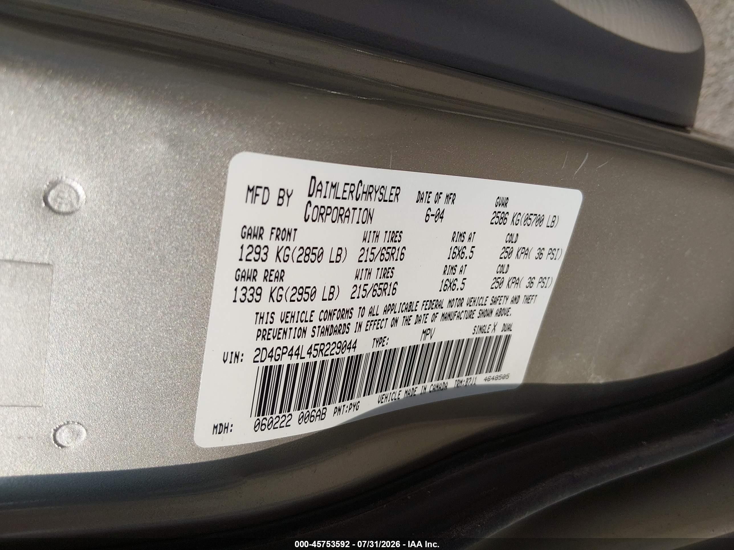 2005 Dodge Grand Caravan Sxt Gold vin: 2D4GP44L45R229044