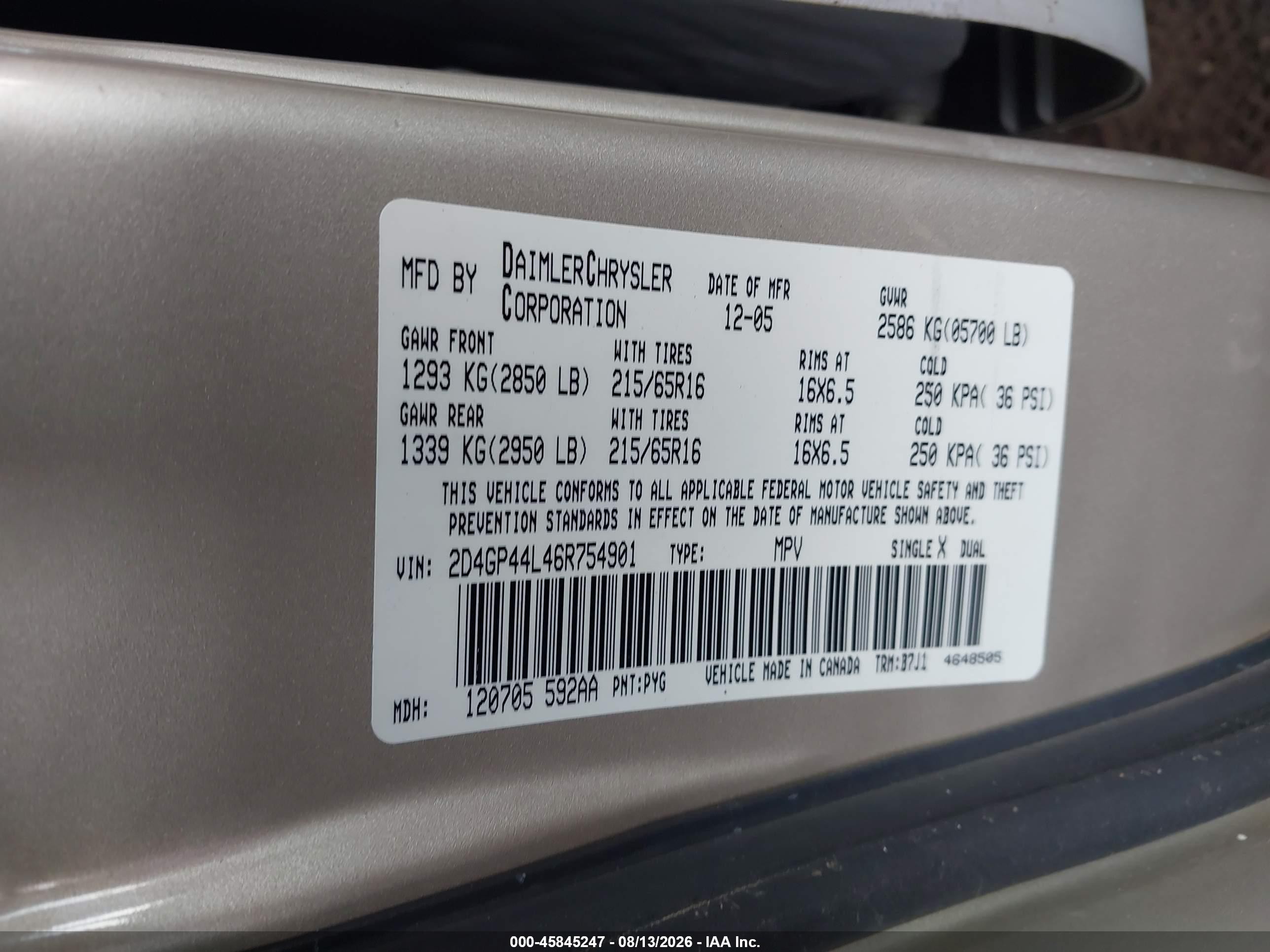 2006 Dodge Grand Caravan Sxt Beige vin: 2D4GP44L46R754901