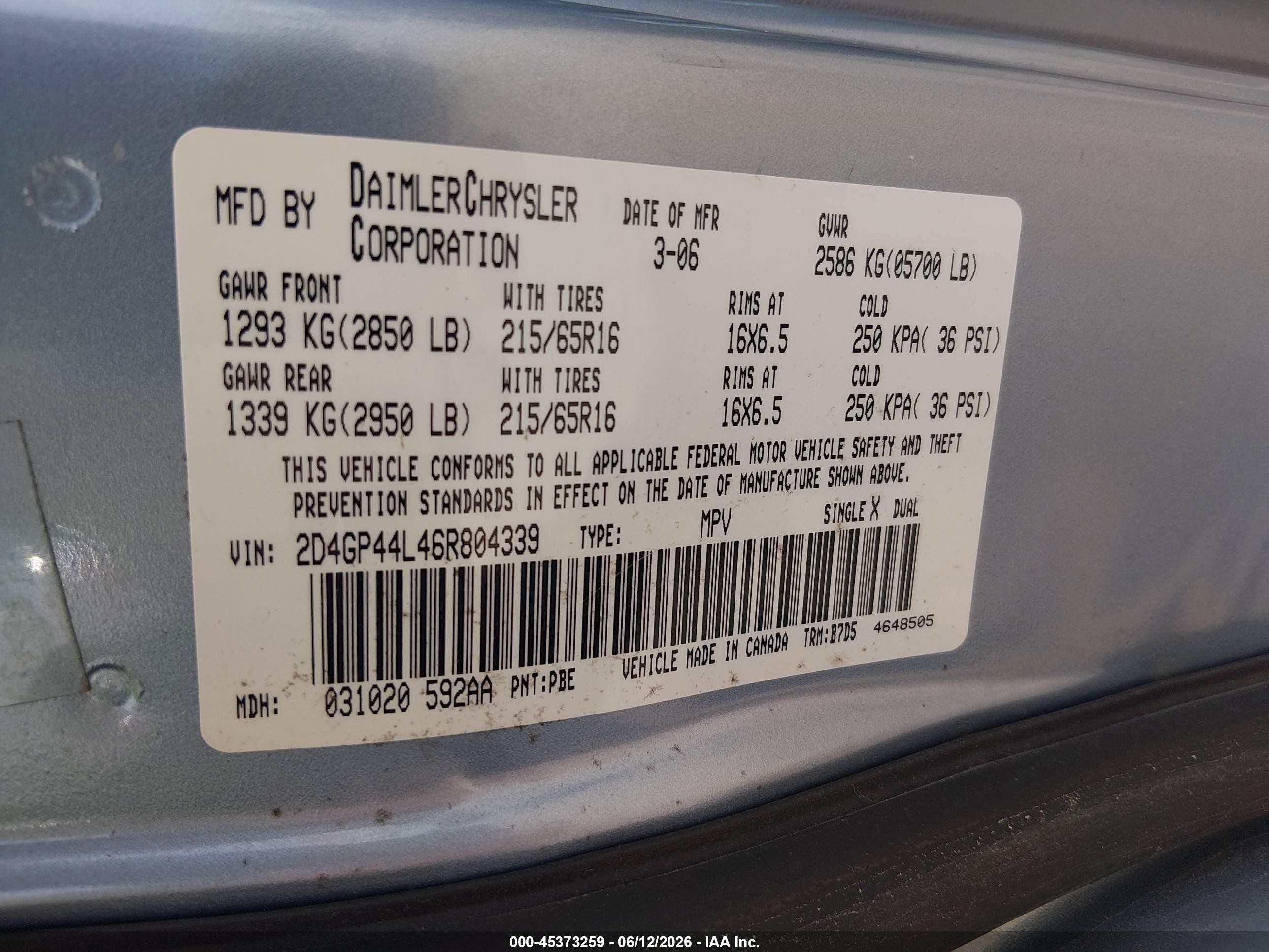 2006 Dodge Grand Caravan Sxt Blue vin: 2D4GP44L46R804339