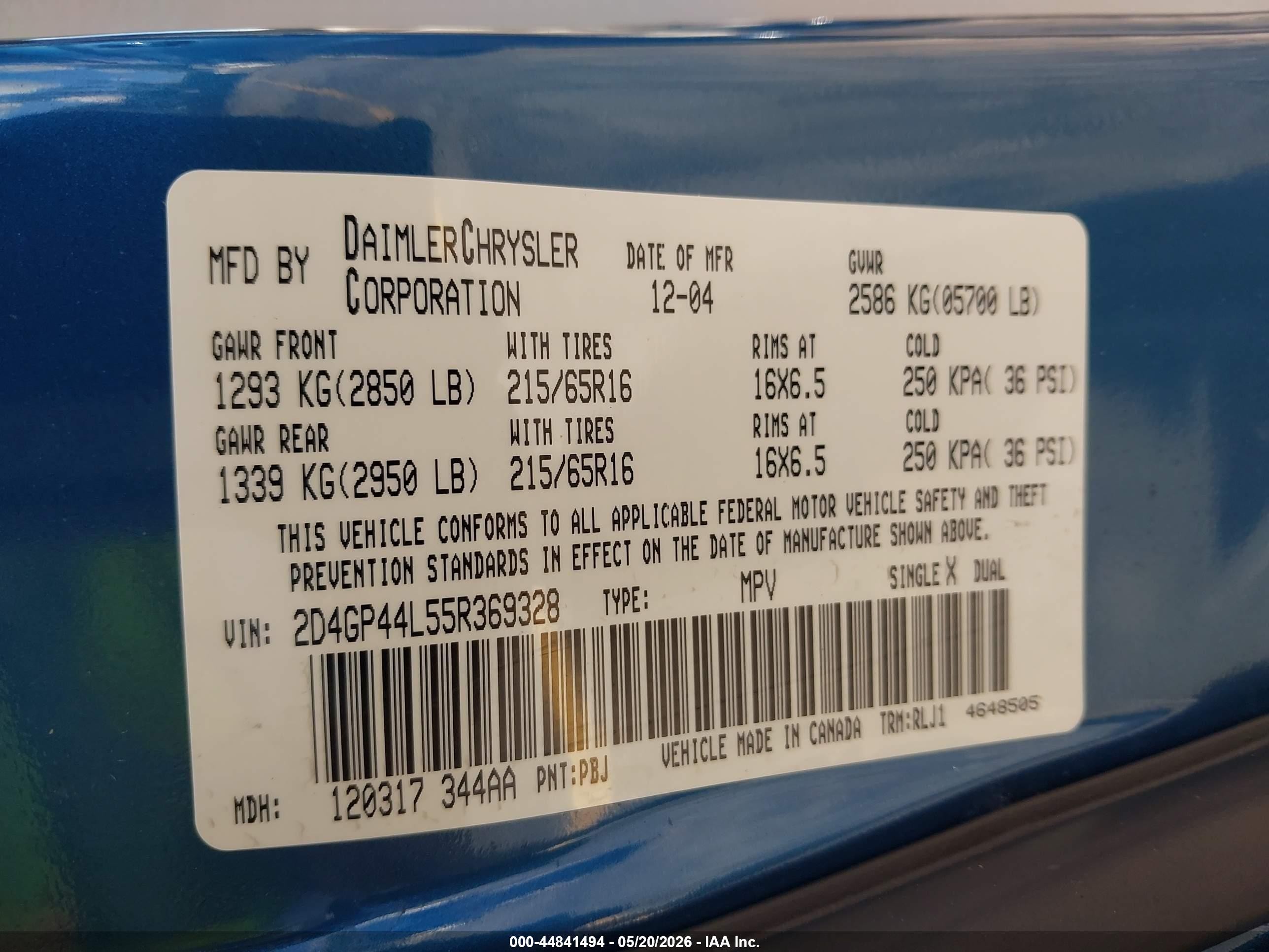 2005 Dodge Grand Caravan Sxt Blue vin: 2D4GP44L55R369328