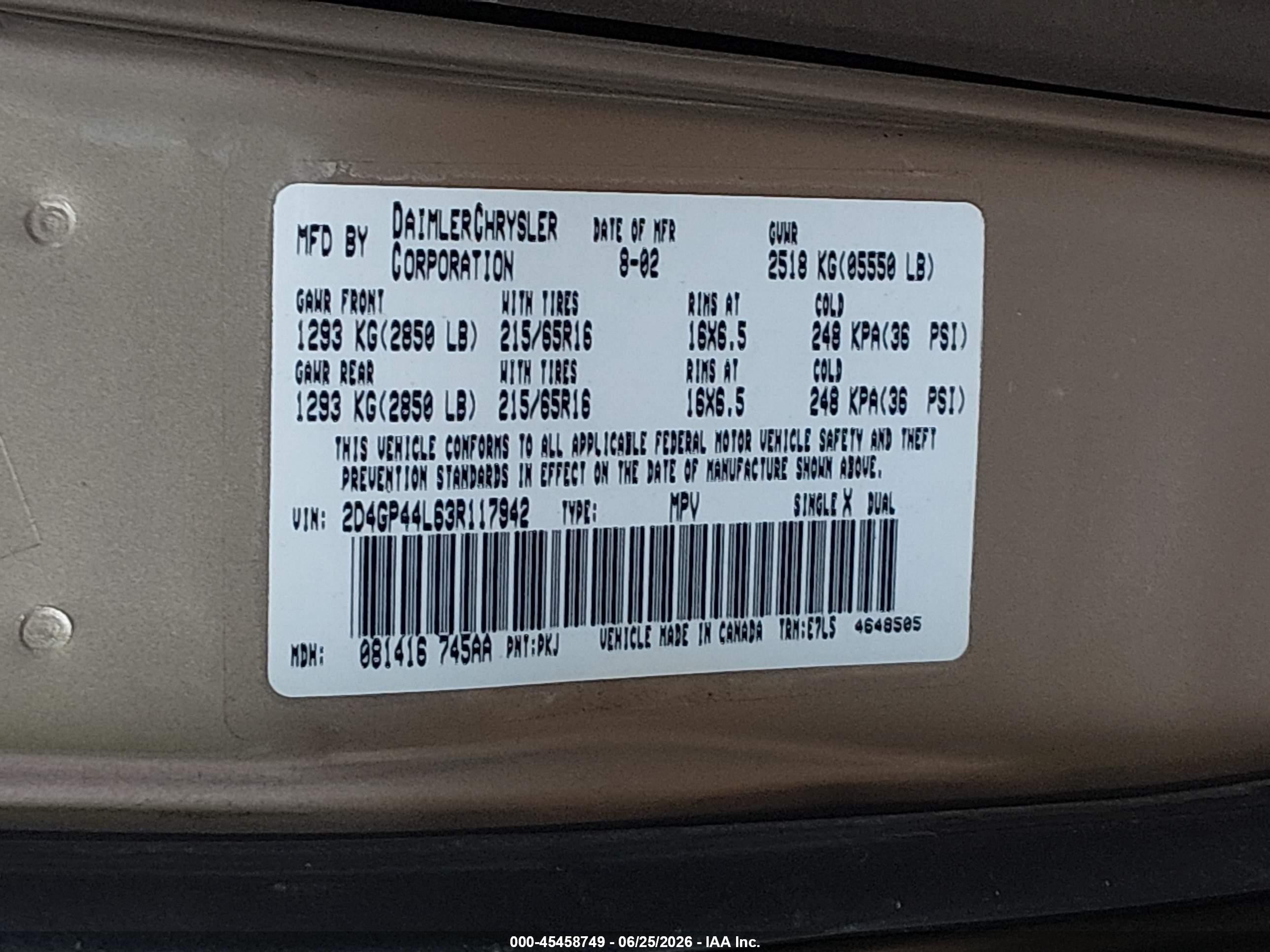 2003 Dodge Grand Caravan Sport Gold vin: 2D4GP44L63R117942