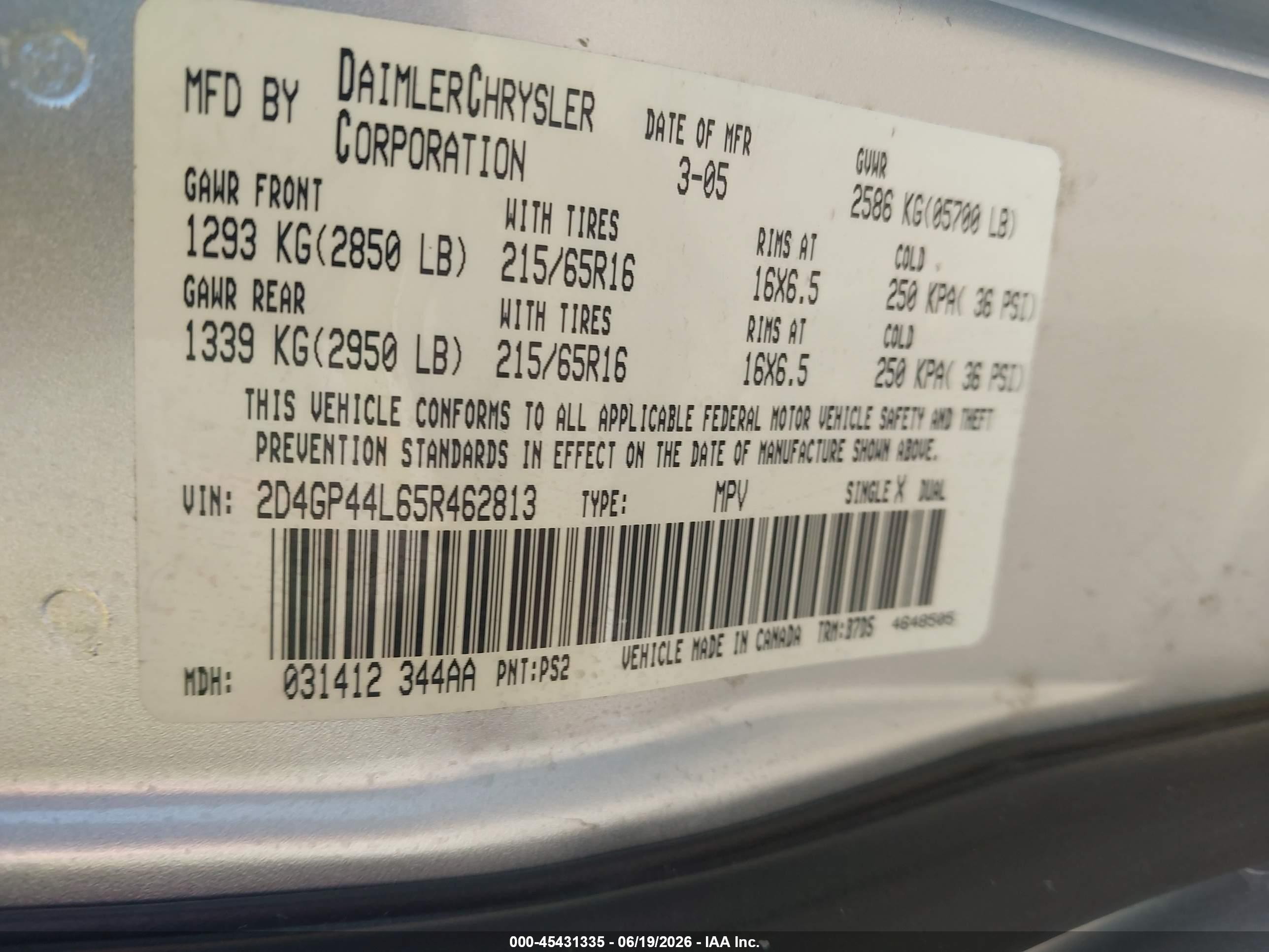 2005 Dodge Caravan Sxt Silver vin: 2D4GP44L65R462813