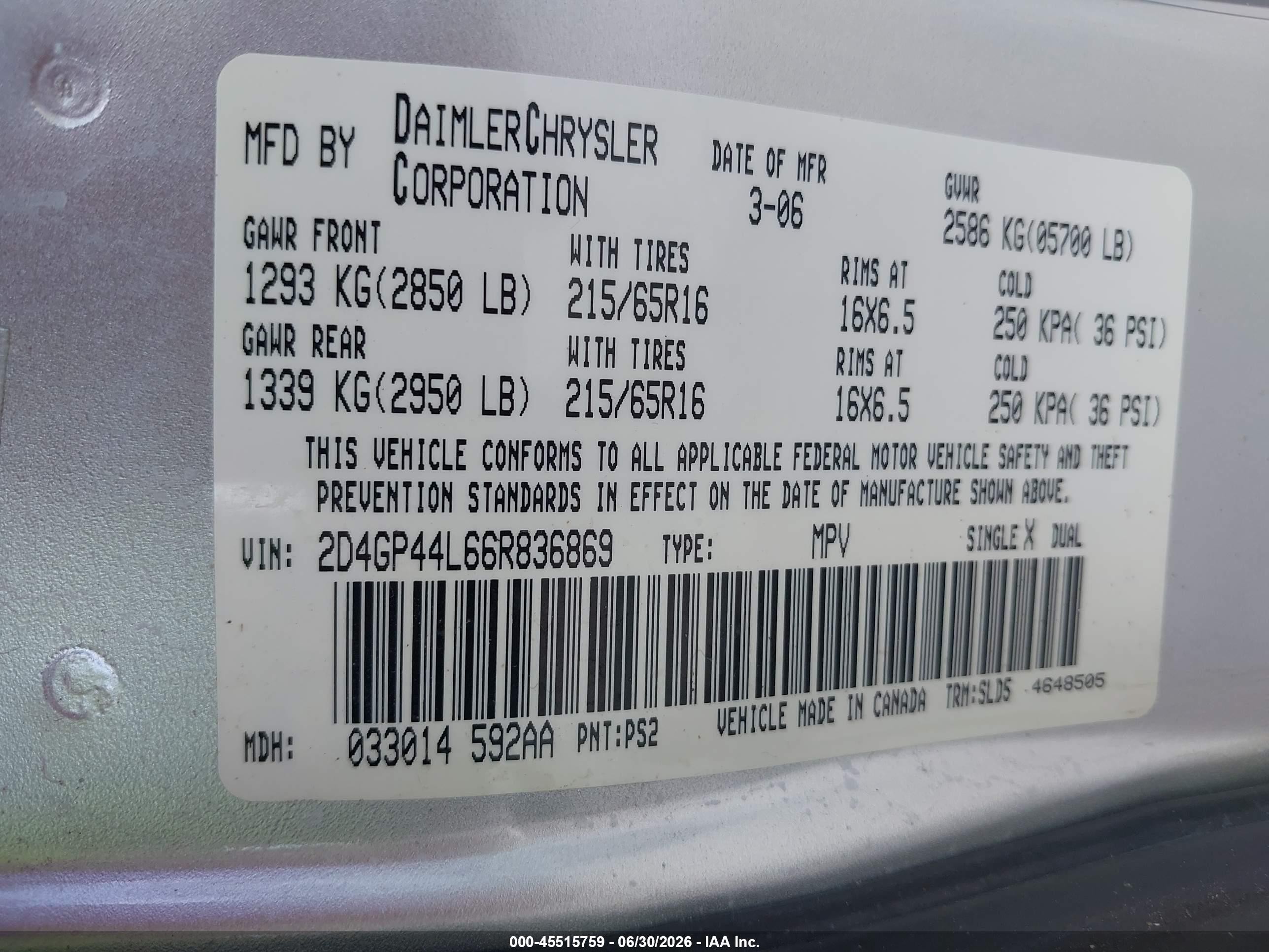 2006 Dodge Grand Caravan Sxt Silver vin: 2D4GP44L66R836869