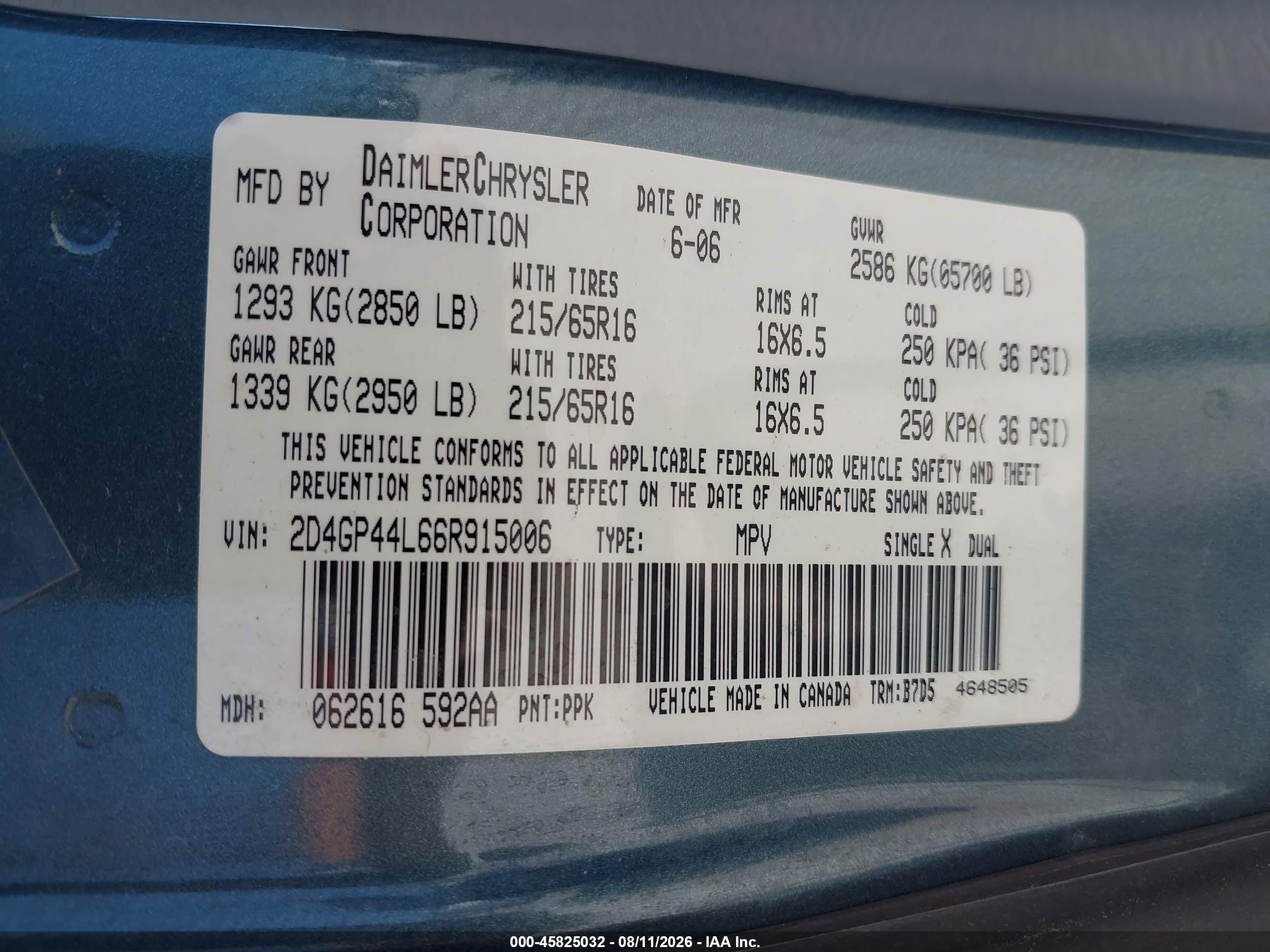 2006 Dodge Grand Caravan Sxt Blue vin: 2D4GP44L66R915006