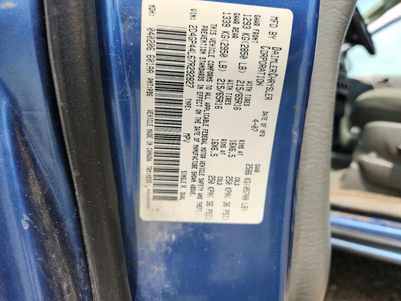 2007 Dodge Grand Caravan Sxt Blue vin: 2D4GP44L67R292827