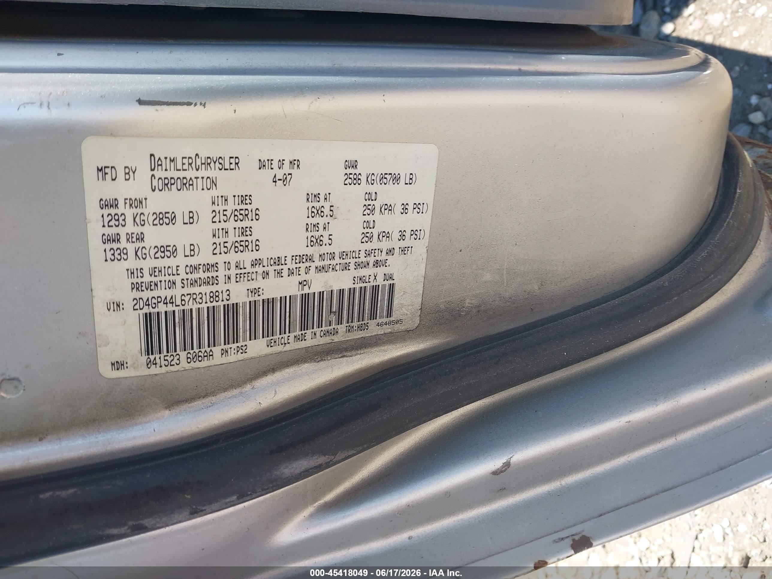 2007 Dodge Grand Caravan Sxt Gray vin: 2D4GP44L67R318813