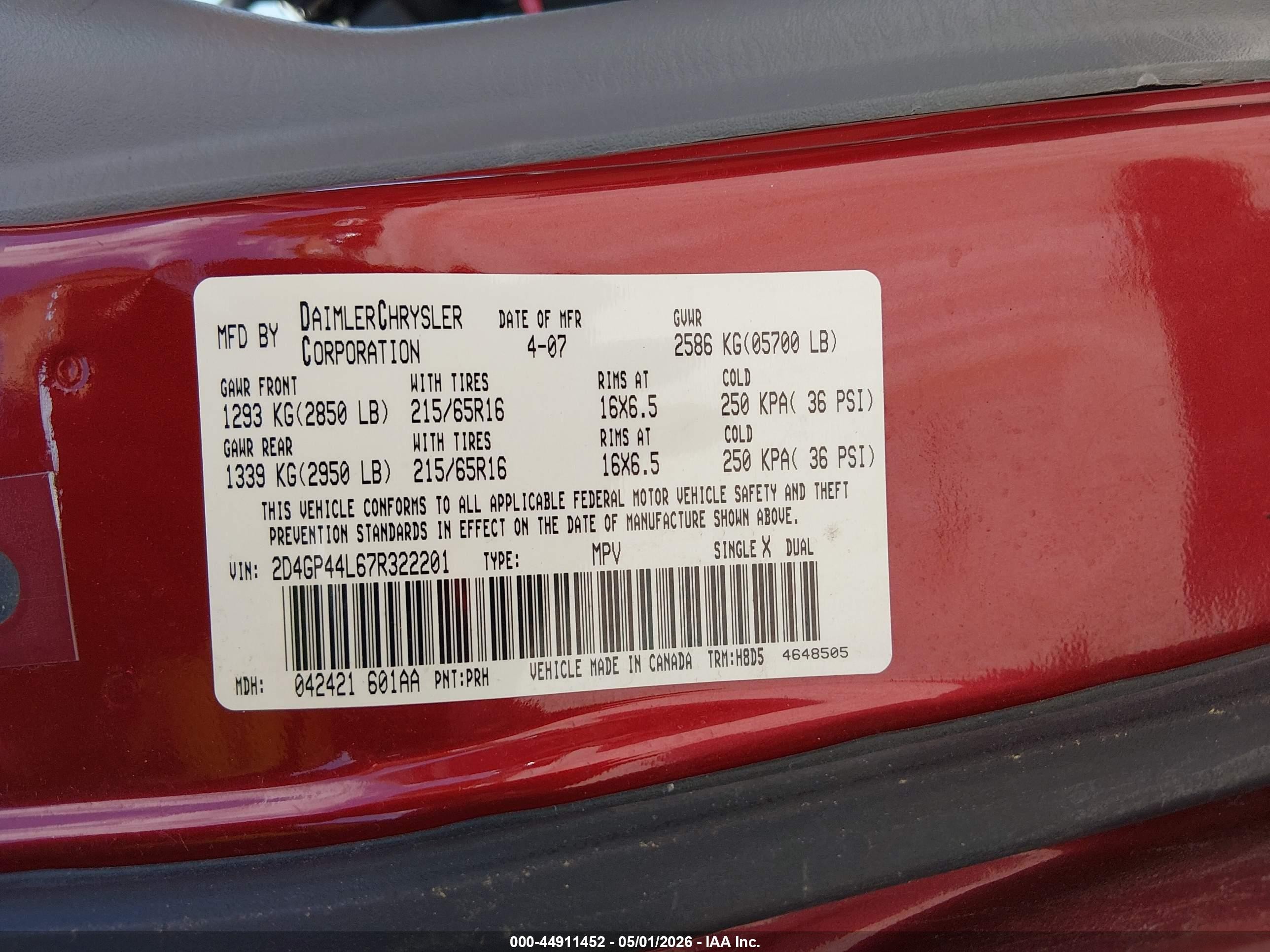 2007 Dodge Grand Caravan Sxt Red vin: 2D4GP44L67R322201