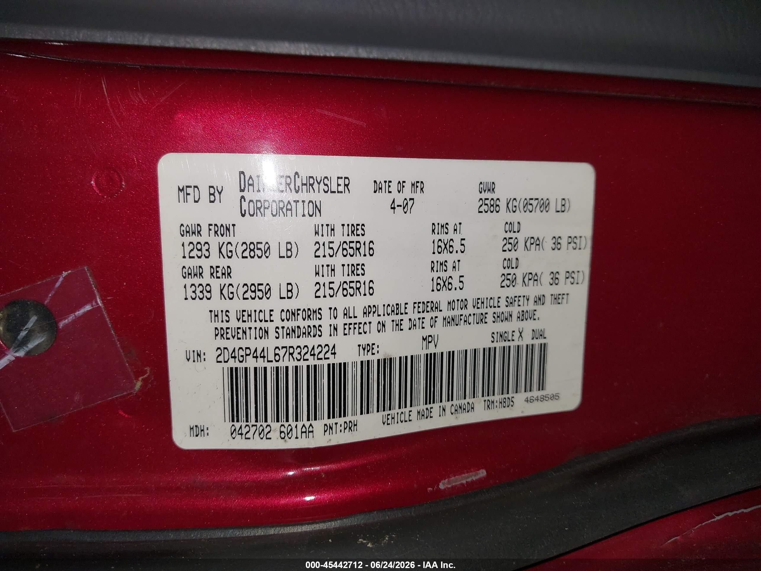 2007 Dodge Grand Caravan Sxt Темно-бордовый vin: 2D4GP44L67R324224