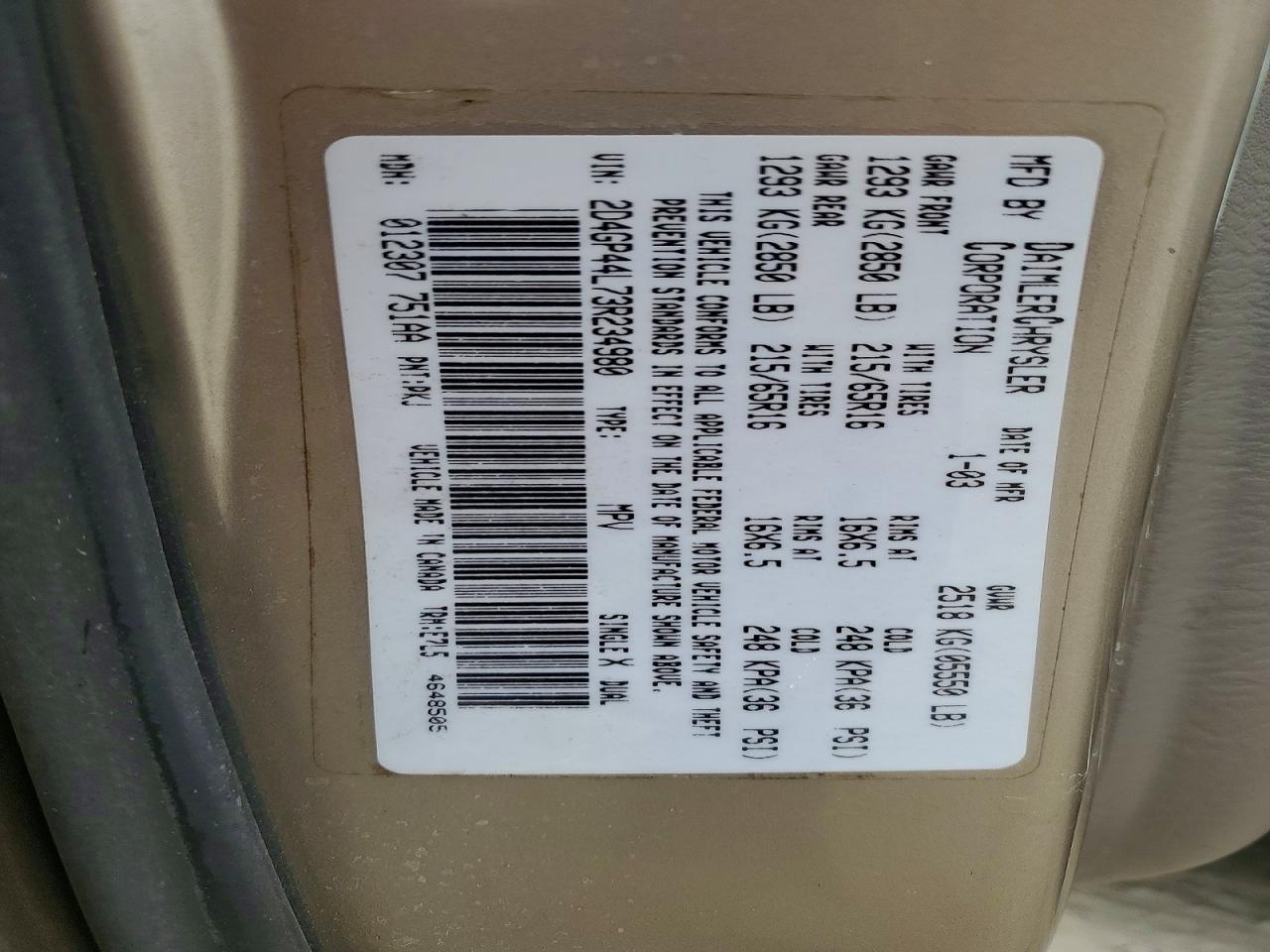 2003 Dodge Grand Caravan Sport Gold vin: 2D4GP44L73R234980