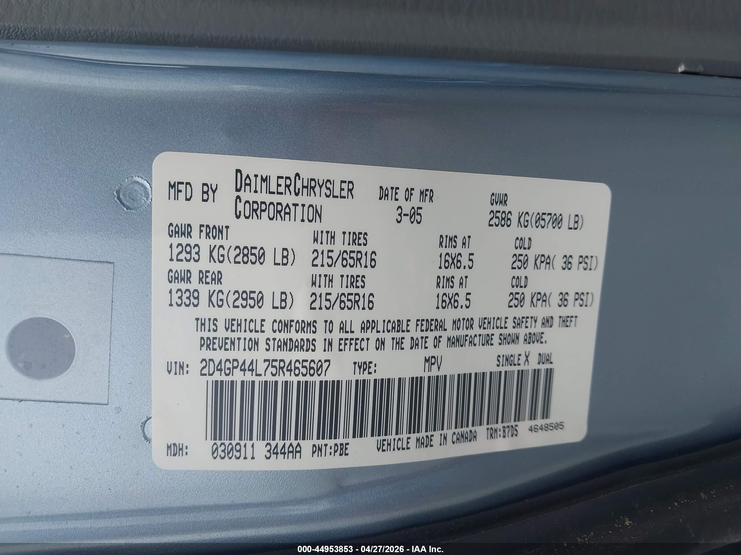 2005 Dodge Grand Caravan Sxt Blue vin: 2D4GP44L75R465607