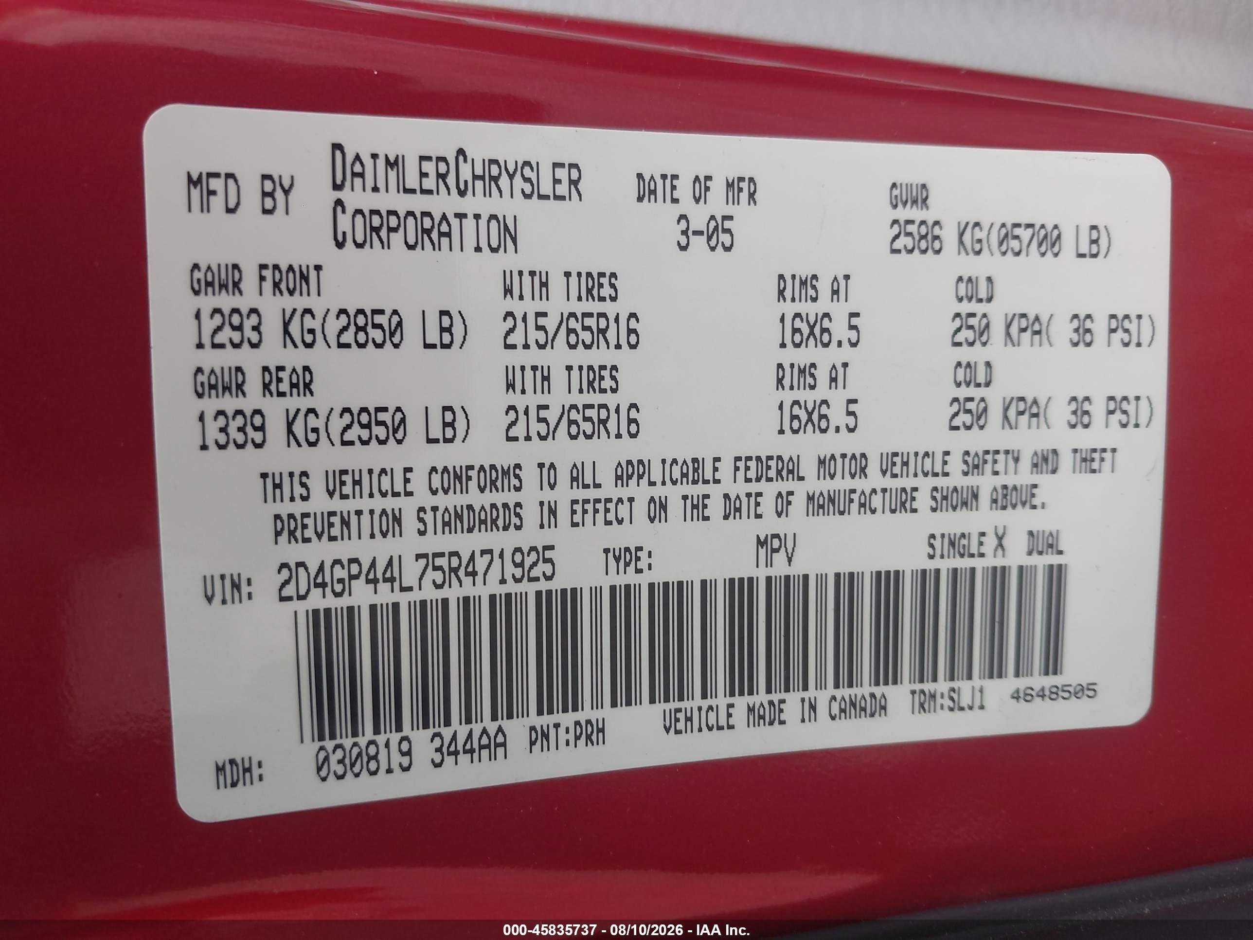 2005 Dodge Grand Caravan Sxt Red vin: 2D4GP44L75R471925