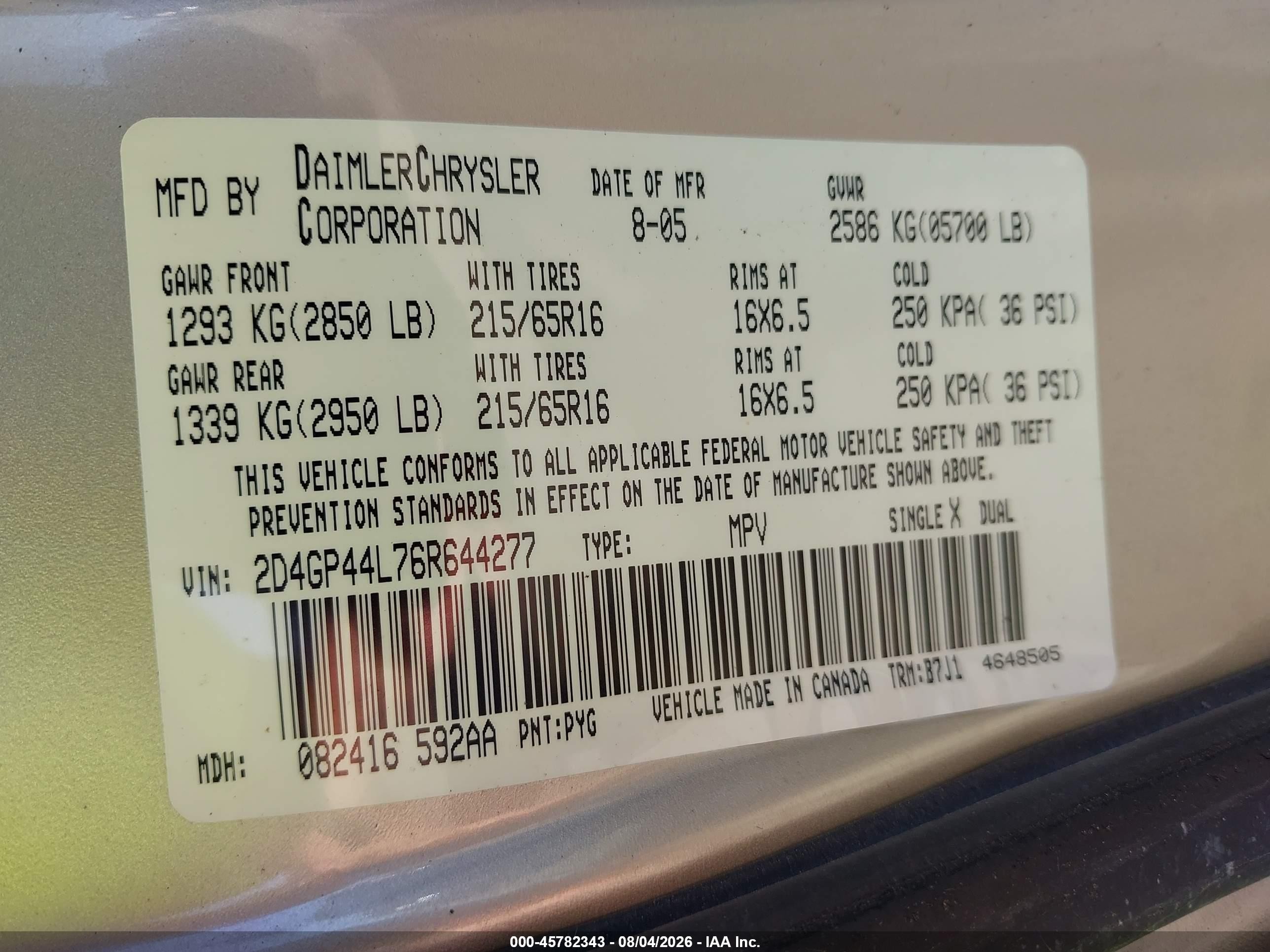 2006 Dodge Grand Caravan Sxt Gold vin: 2D4GP44L76R644277
