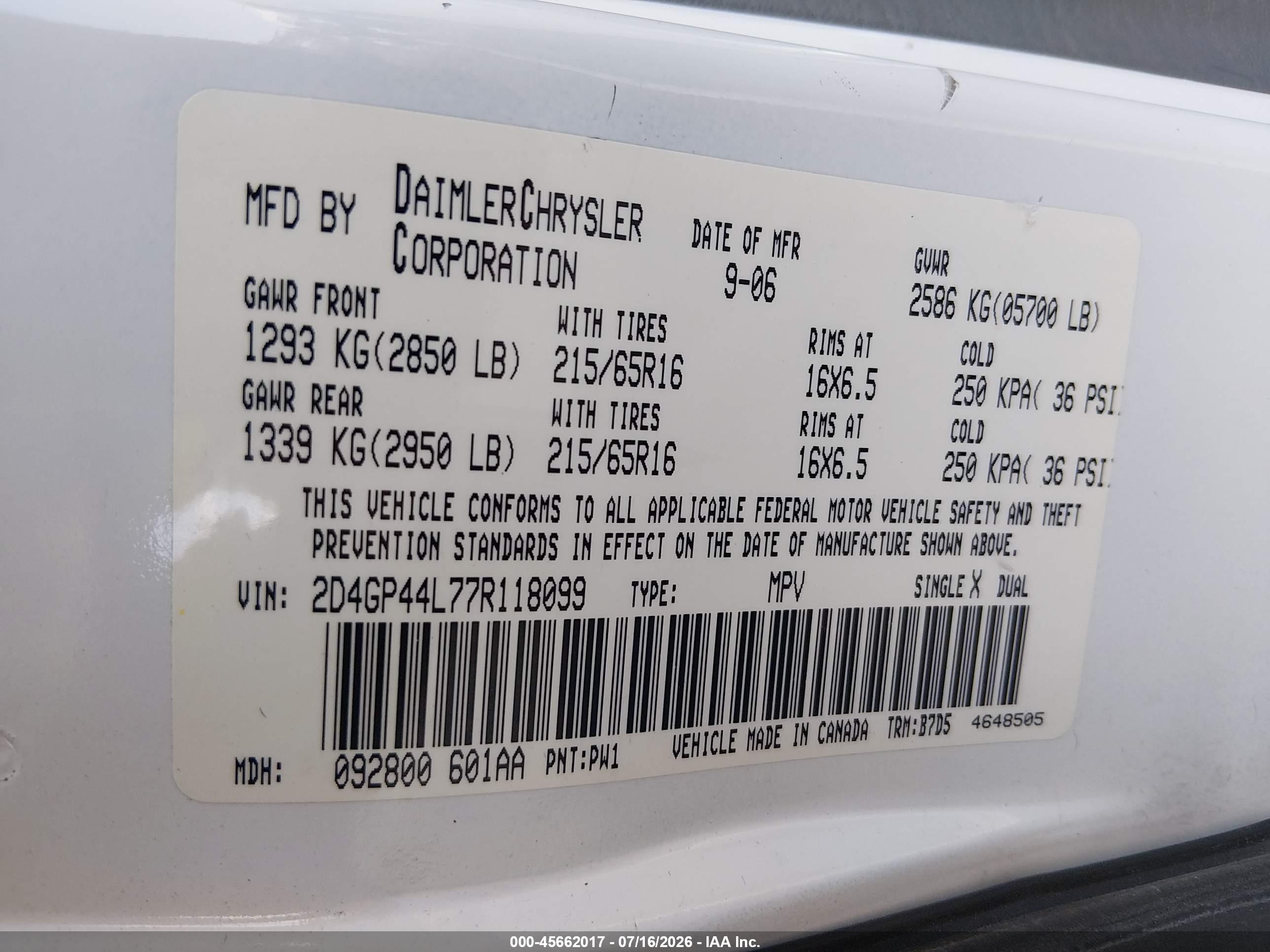 2007 Dodge Grand Caravan Sxt White vin: 2D4GP44L77R118099