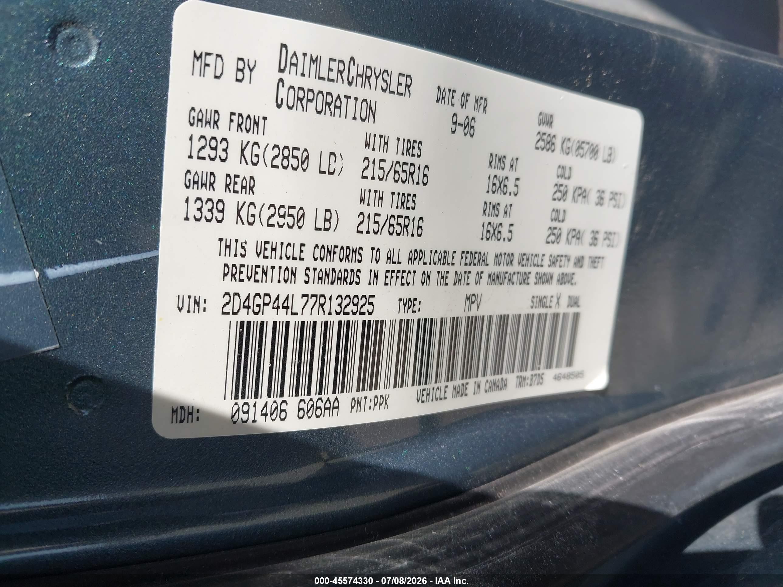 2007 Dodge Grand Caravan Sxt Turquoise vin: 2D4GP44L77R132925