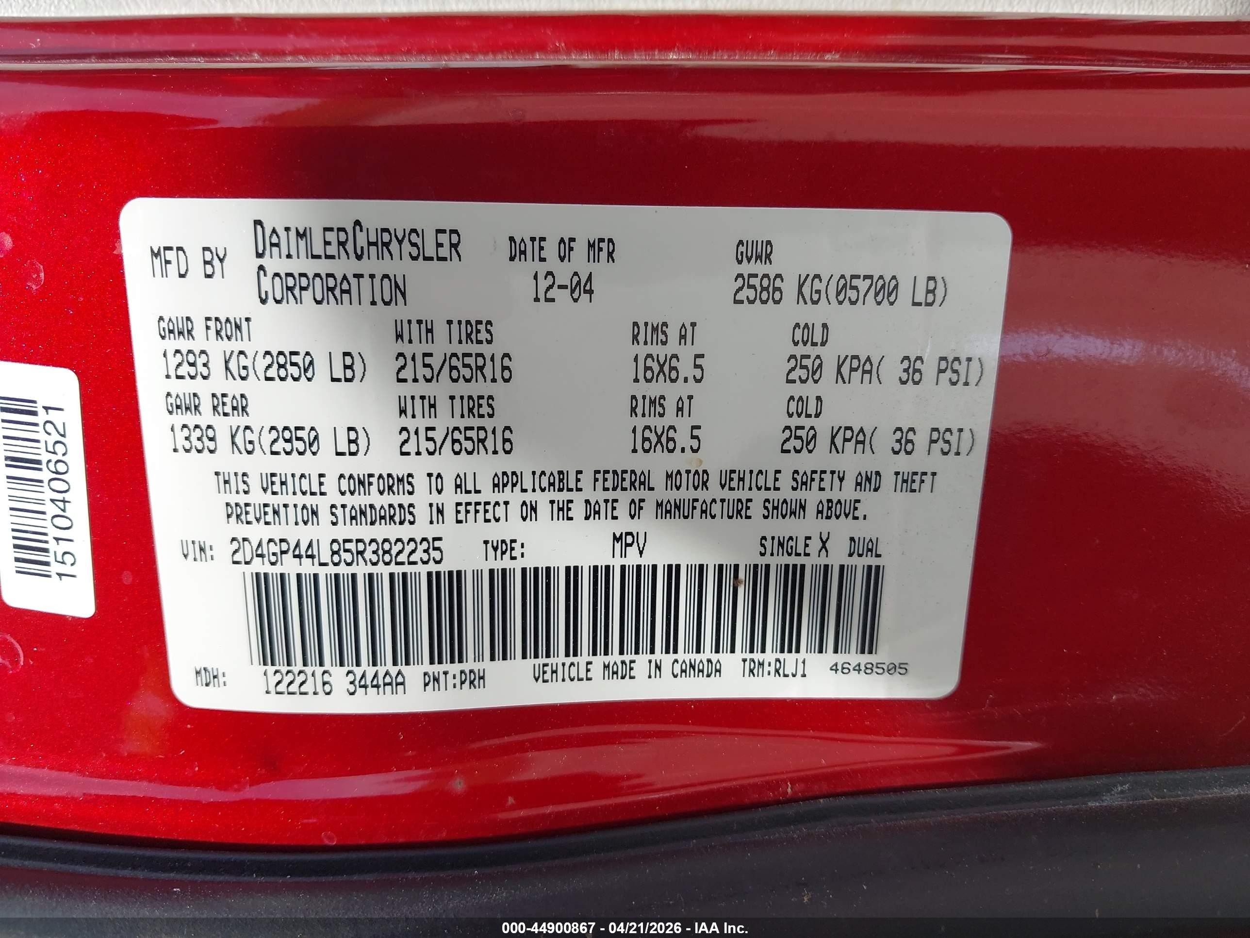 2005 Dodge Grand Caravan Sxt Red vin: 2D4GP44L85R382235