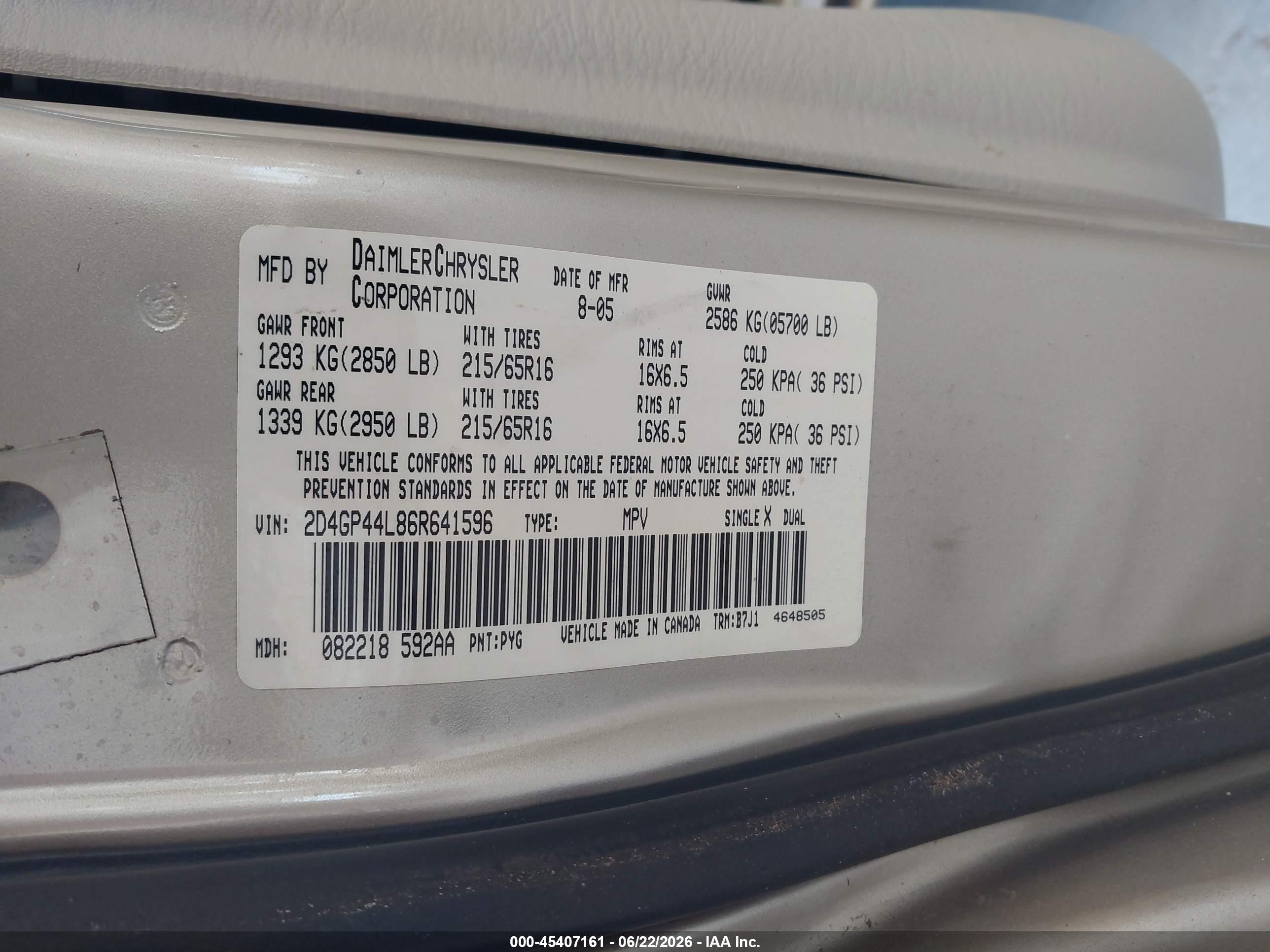 2006 Dodge Grand Caravan Sxt Gold vin: 2D4GP44L86R641596
