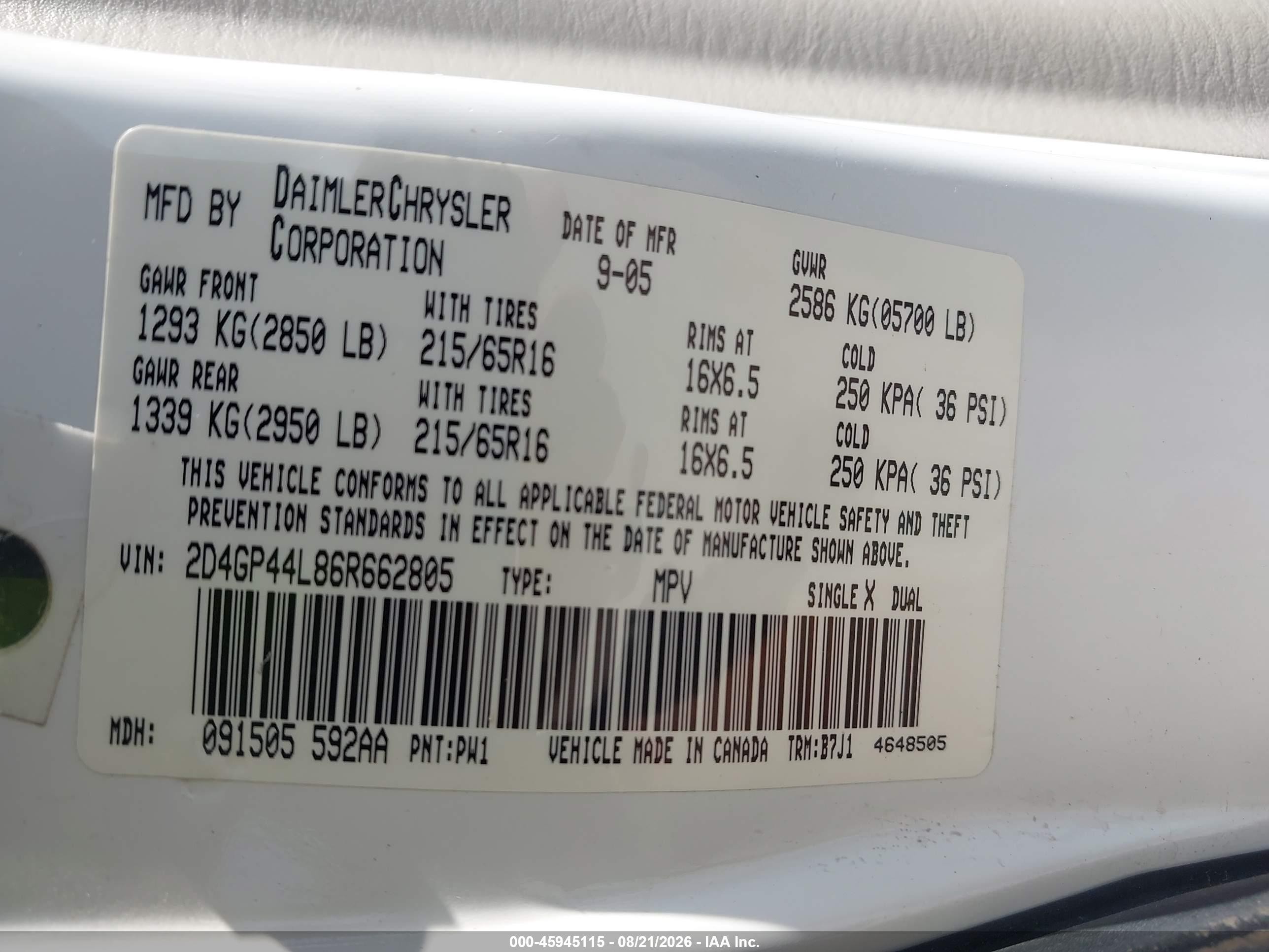 2006 Dodge Grand Caravan Sxt White vin: 2D4GP44L86R662805