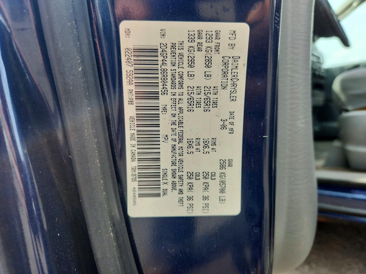 2006 Dodge Grand Caravan Sxt Blue vin: 2D4GP44L86R804456