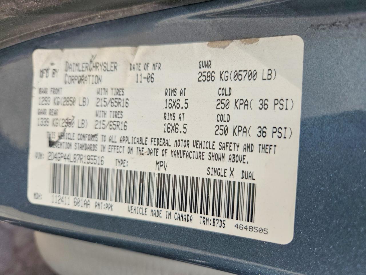2007 Dodge Grand Caravan Sxt Gray vin: 2D4GP44L87R195516