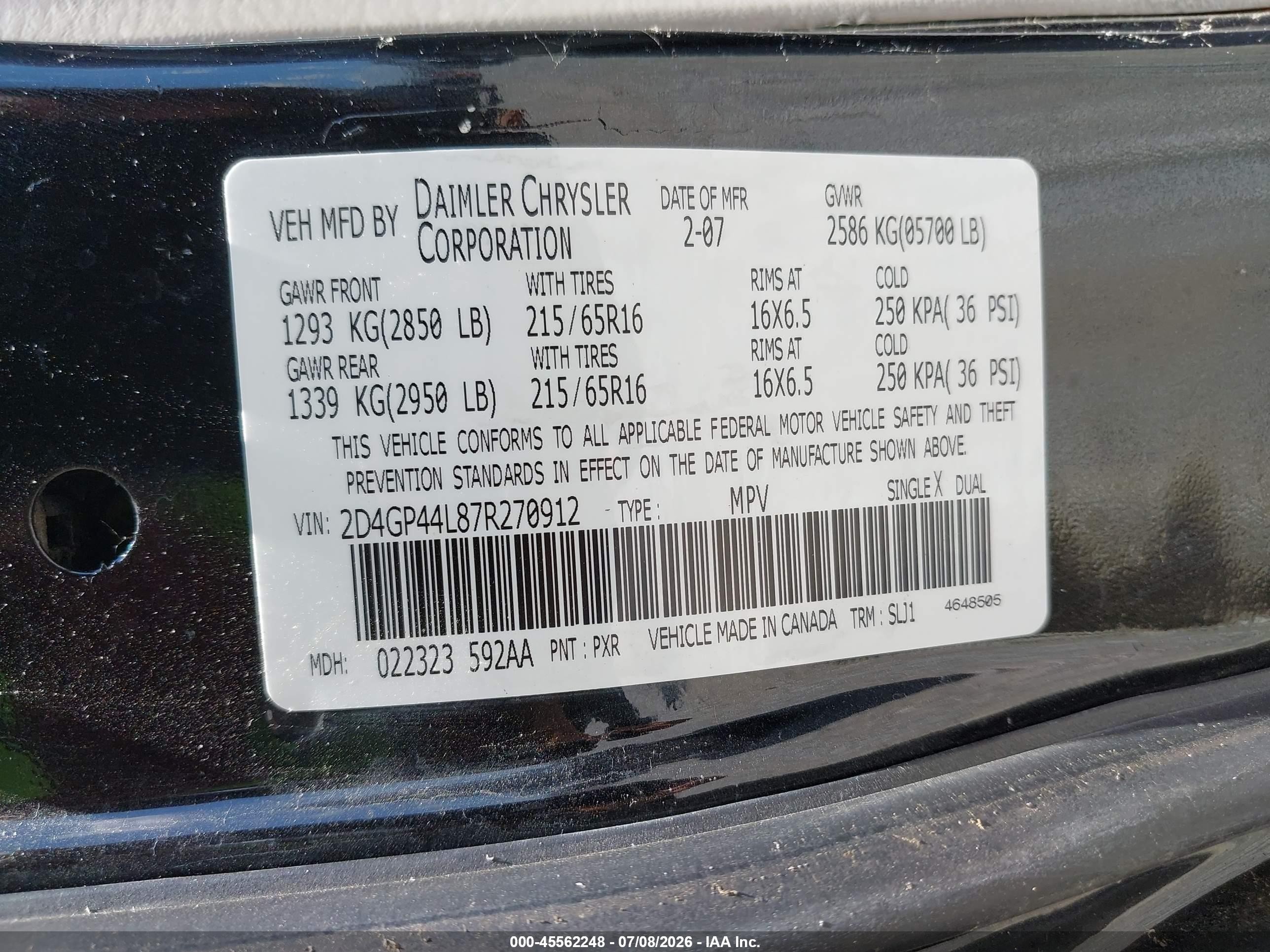 2007 Dodge Grand Caravan Sxt Black vin: 2D4GP44L87R270912