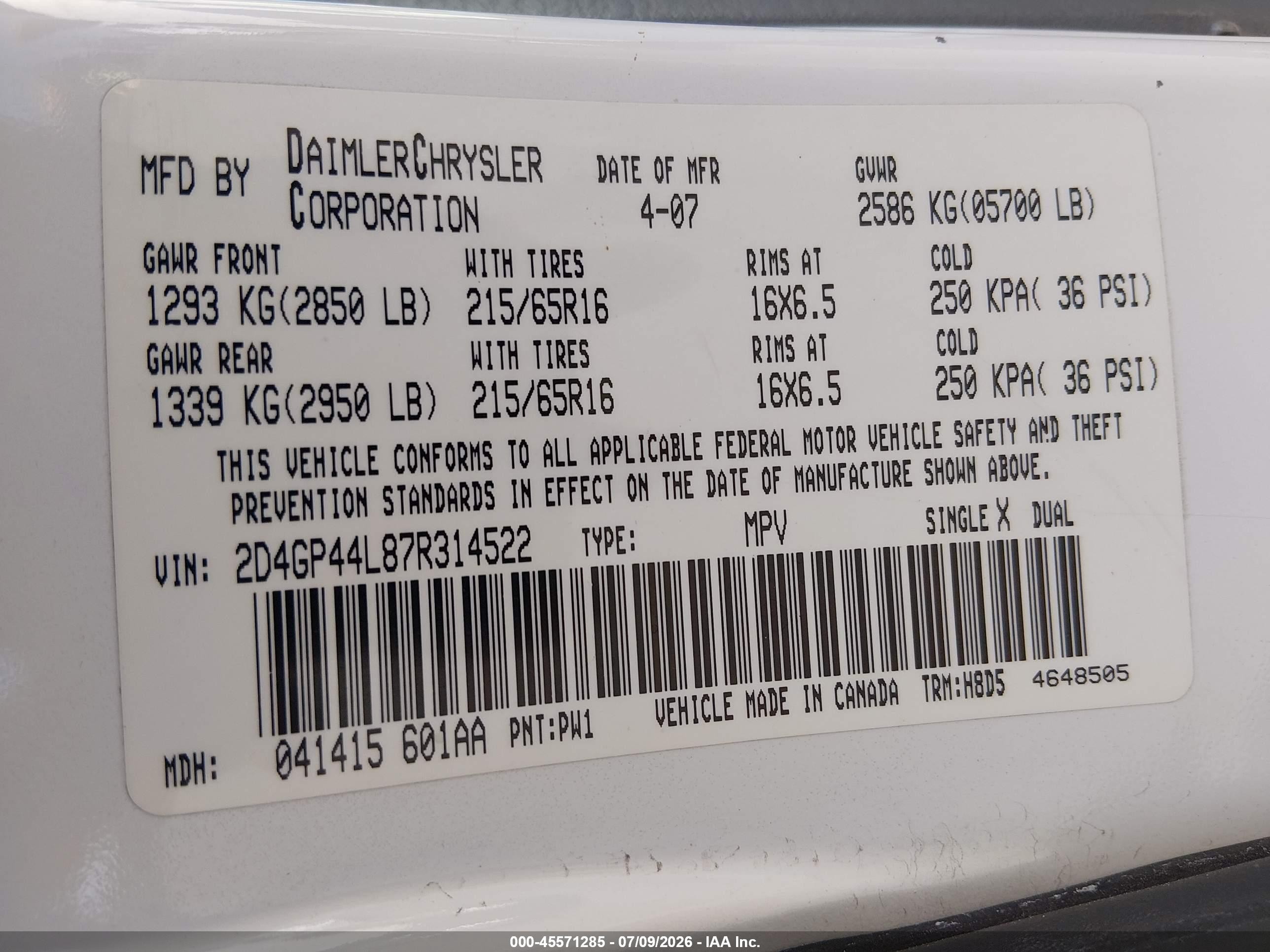 2007 Dodge Grand Caravan Sxt White vin: 2D4GP44L87R314522
