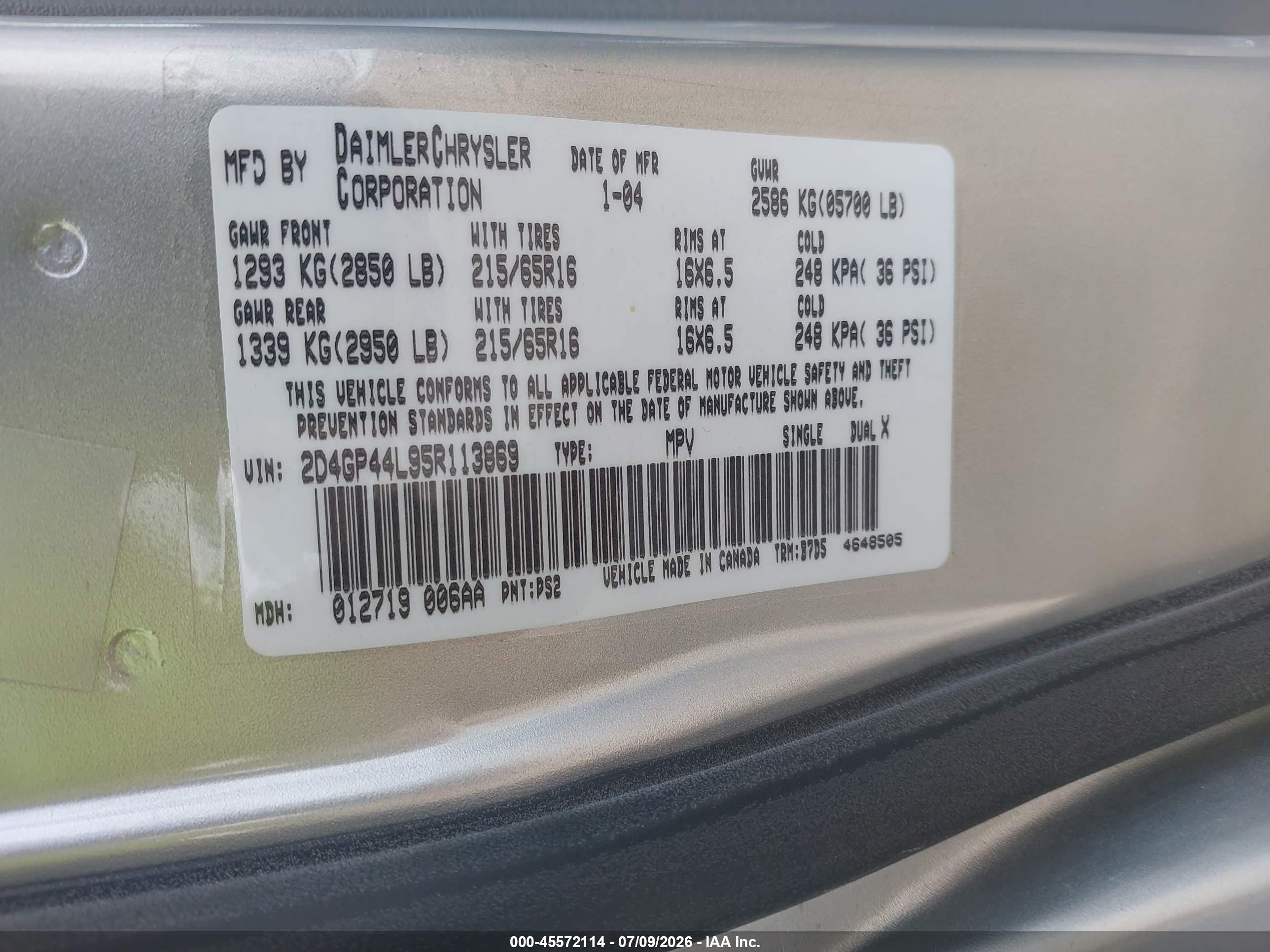 2005 Dodge Caravan Sxt Silver vin: 2D4GP44L95R113869