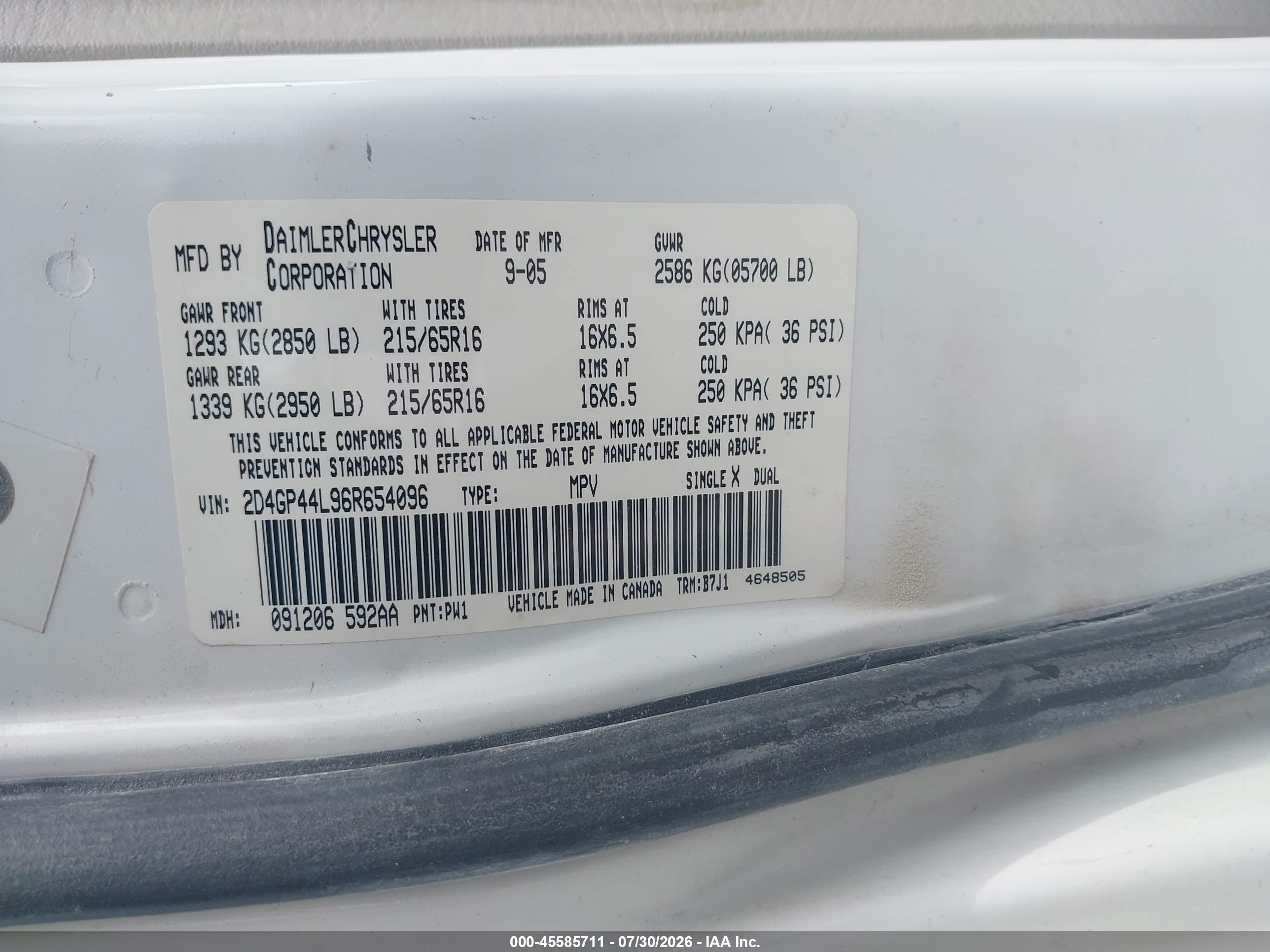 2006 Dodge Grand Caravan Sxt White vin: 2D4GP44L96R654096