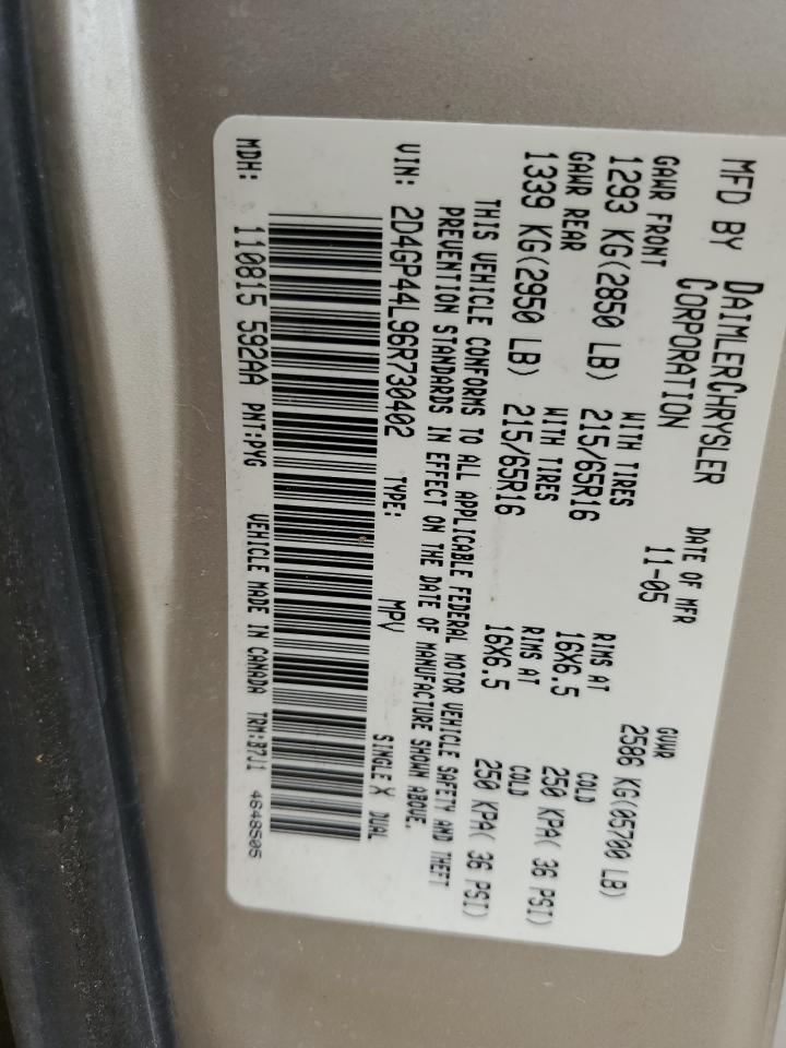 2006 Dodge Grand Caravan Sxt Tan vin: 2D4GP44L96R730402