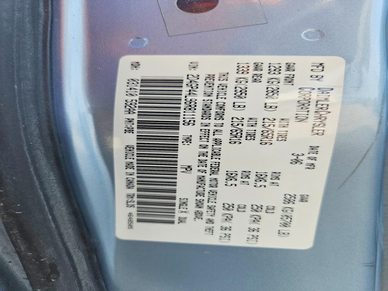 2006 Dodge Grand Caravan Sxt Blue vin: 2D4GP44L96R811156