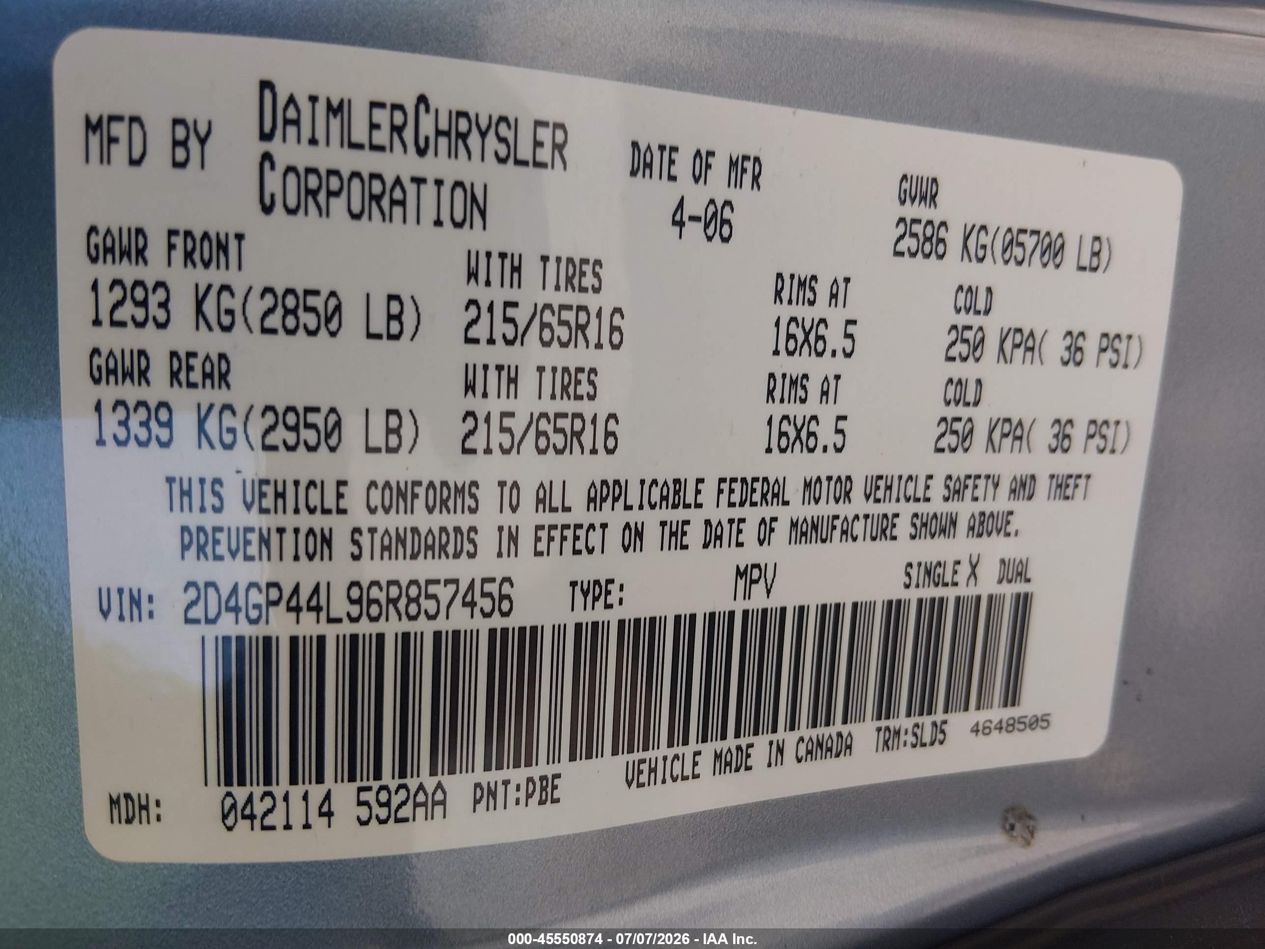 2006 Dodge Grand Caravan Sxt Light Blue vin: 2D4GP44L96R857456