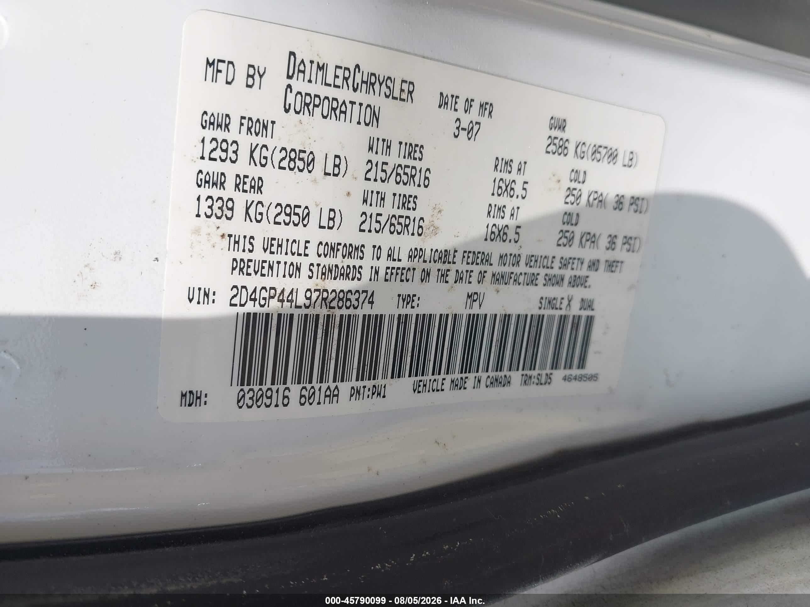 2007 Dodge Grand Caravan Sxt White vin: 2D4GP44L97R286374