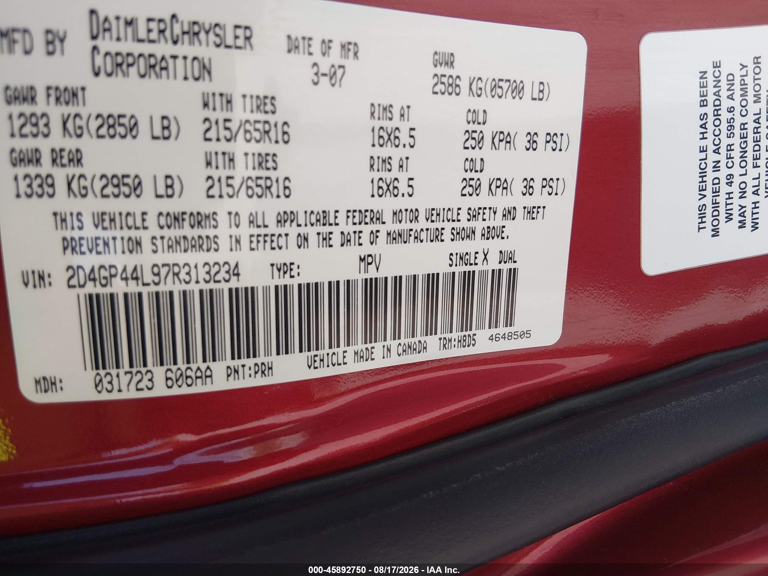 2007 Dodge Grand Caravan Sxt Red vin: 2D4GP44L97R313234