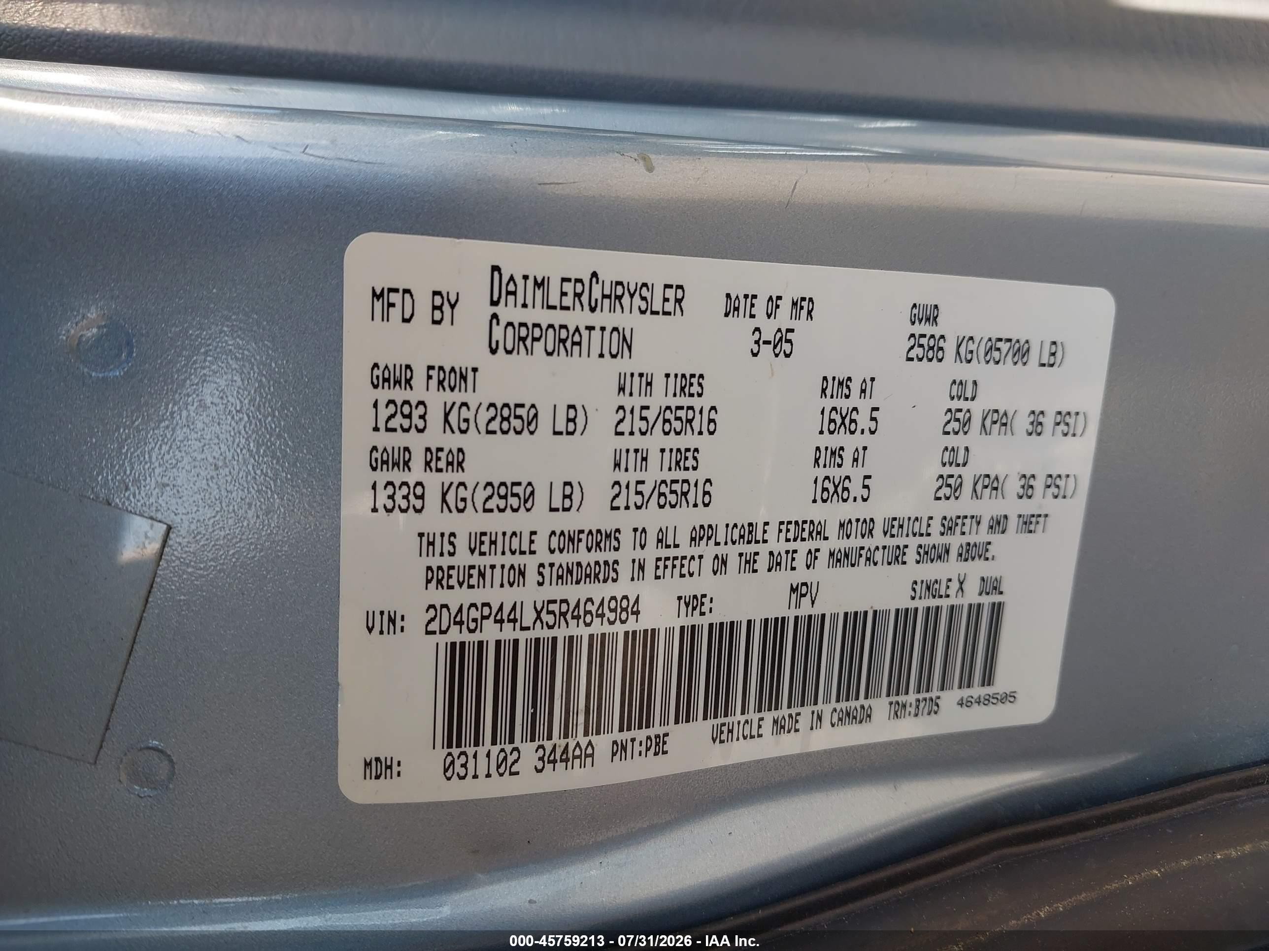 2005 Dodge Grand Caravan Sxt Light Blue vin: 2D4GP44LX5R464984