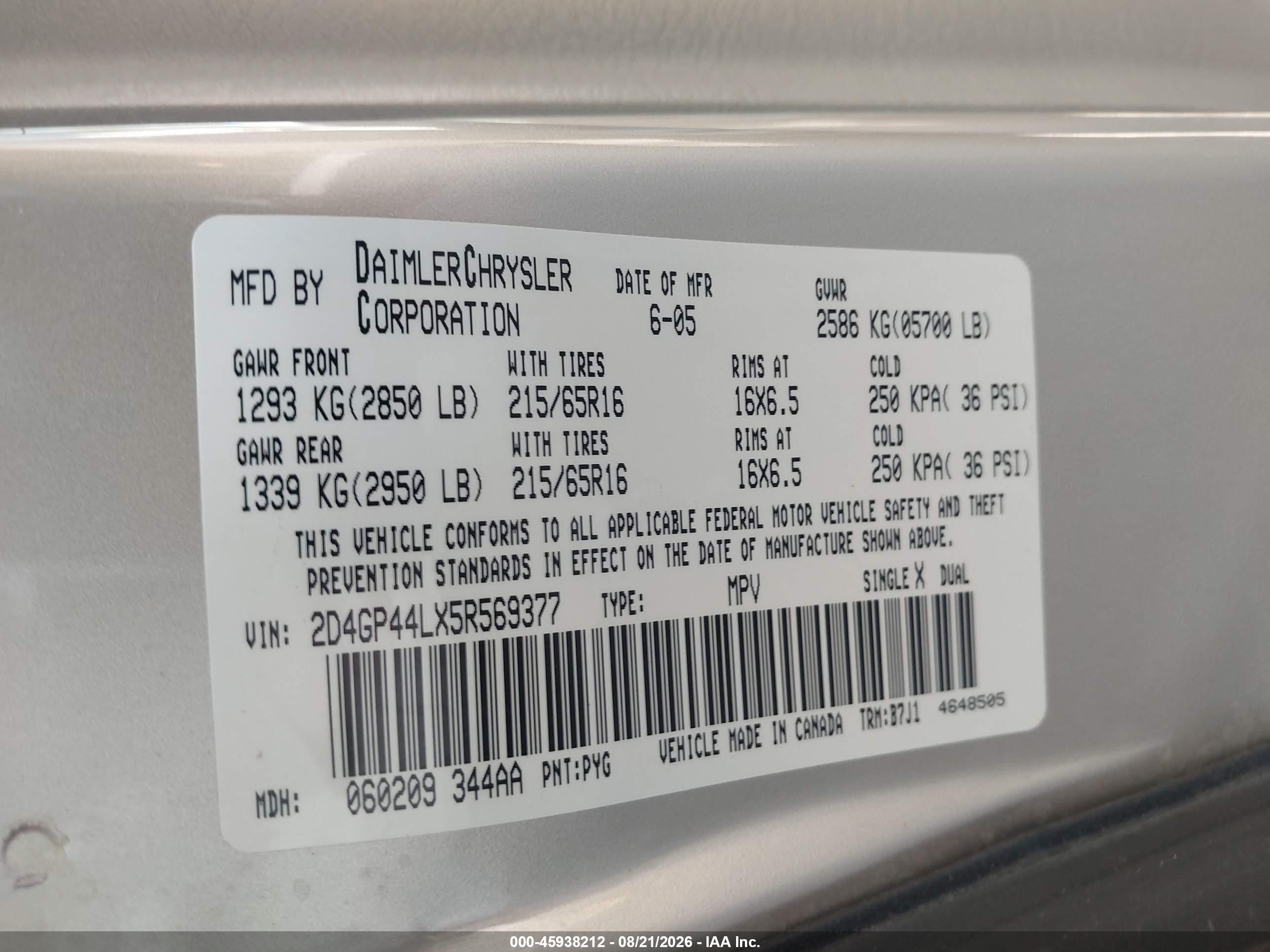 2005 Dodge Grand Caravan Sxt Gold vin: 2D4GP44LX5R569377