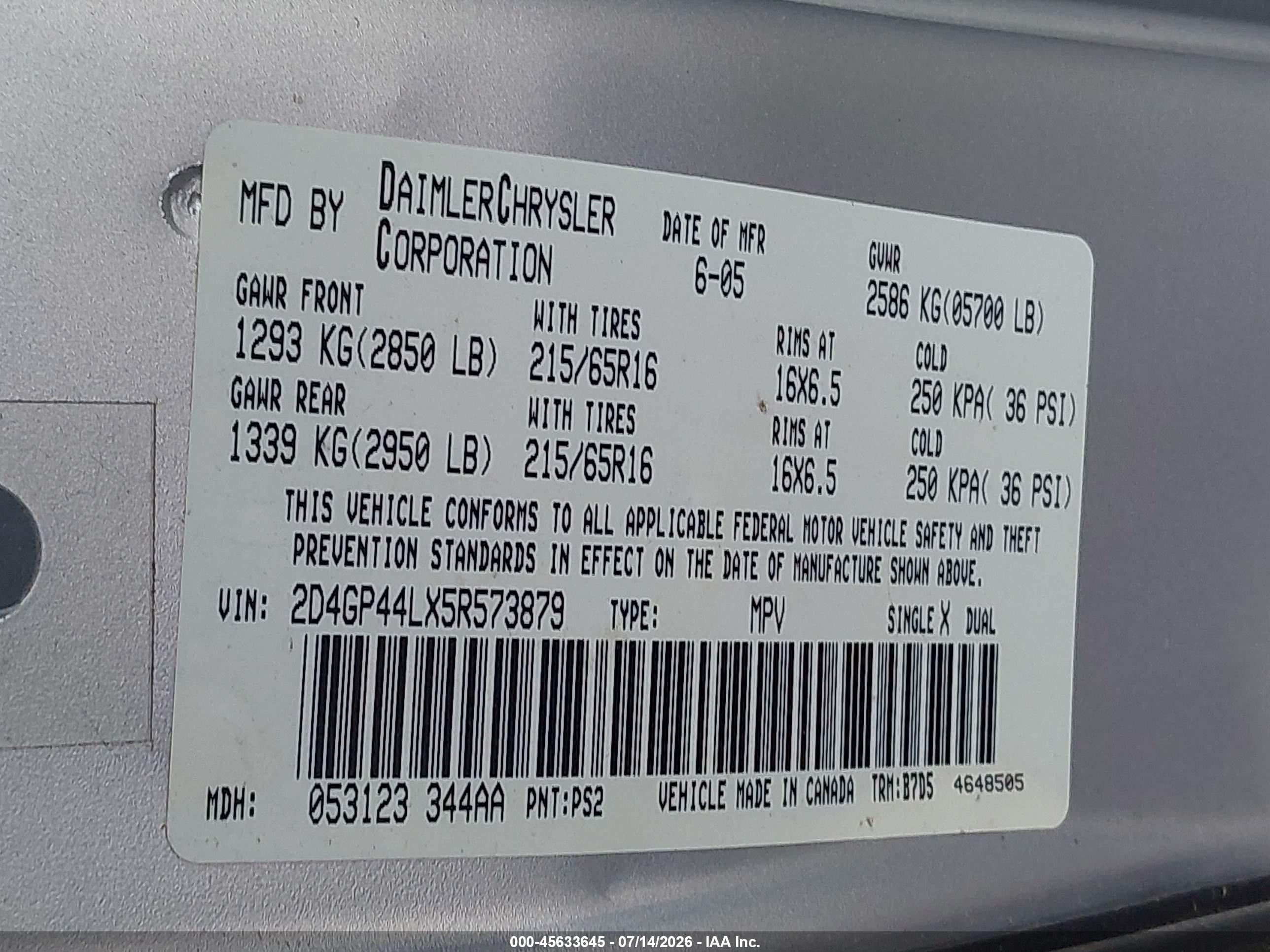 2005 Dodge Caravan Sxt Silver vin: 2D4GP44LX5R573879