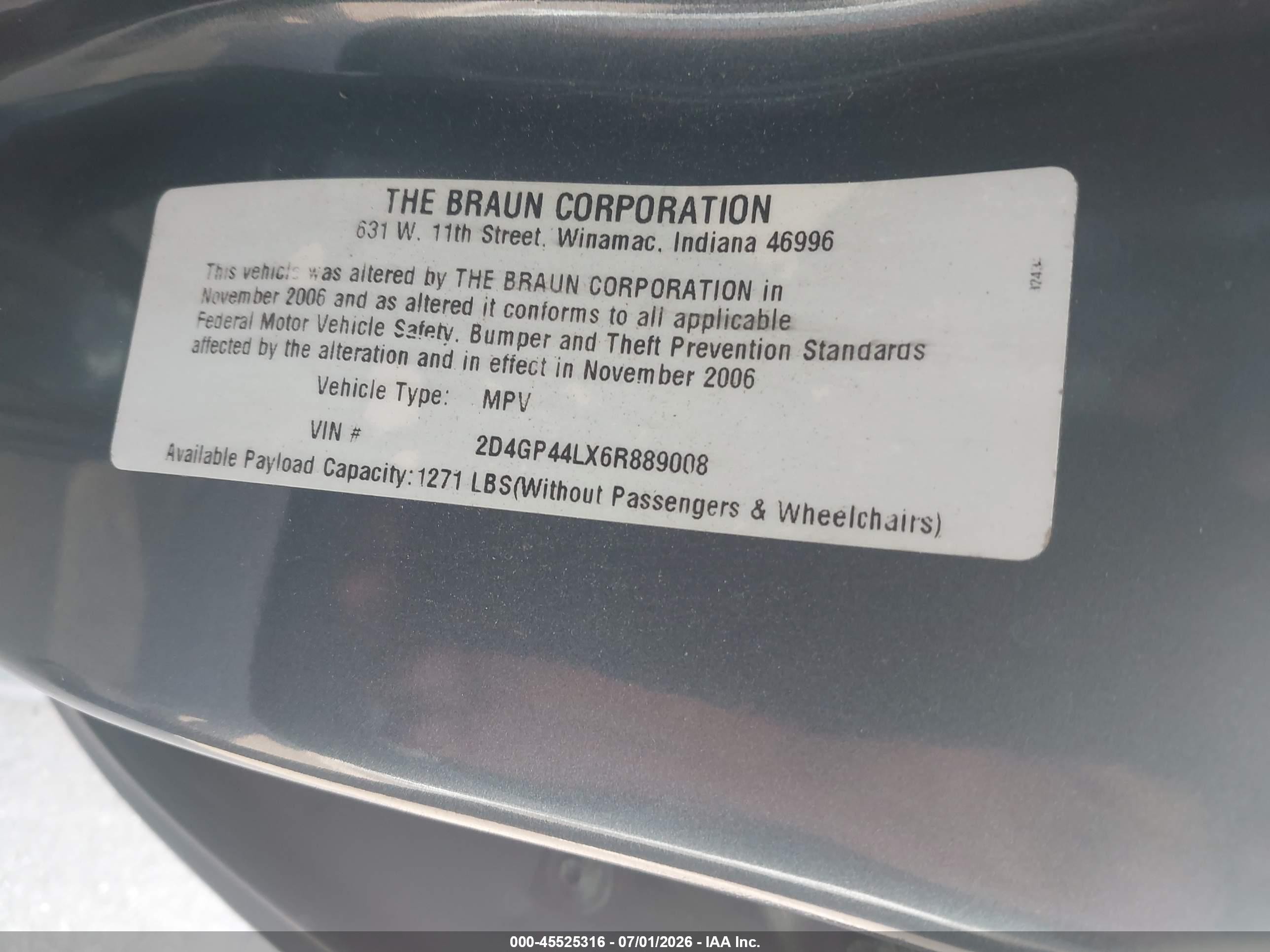 2006 Dodge Grand Caravan Sxt Blue vin: 2D4GP44LX6R889008