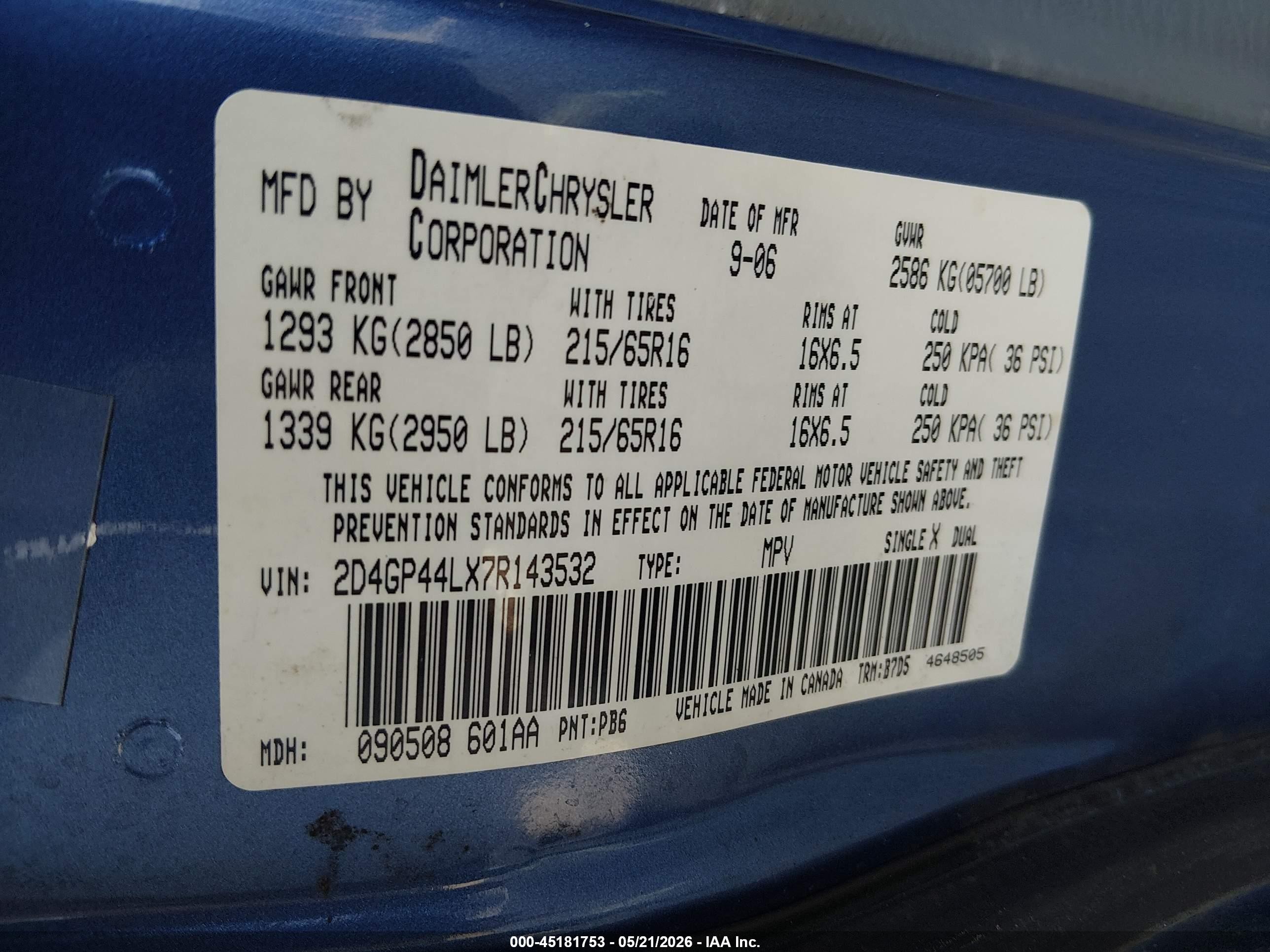 2007 Dodge Grand Caravan Sxt Blue vin: 2D4GP44LX7R143532