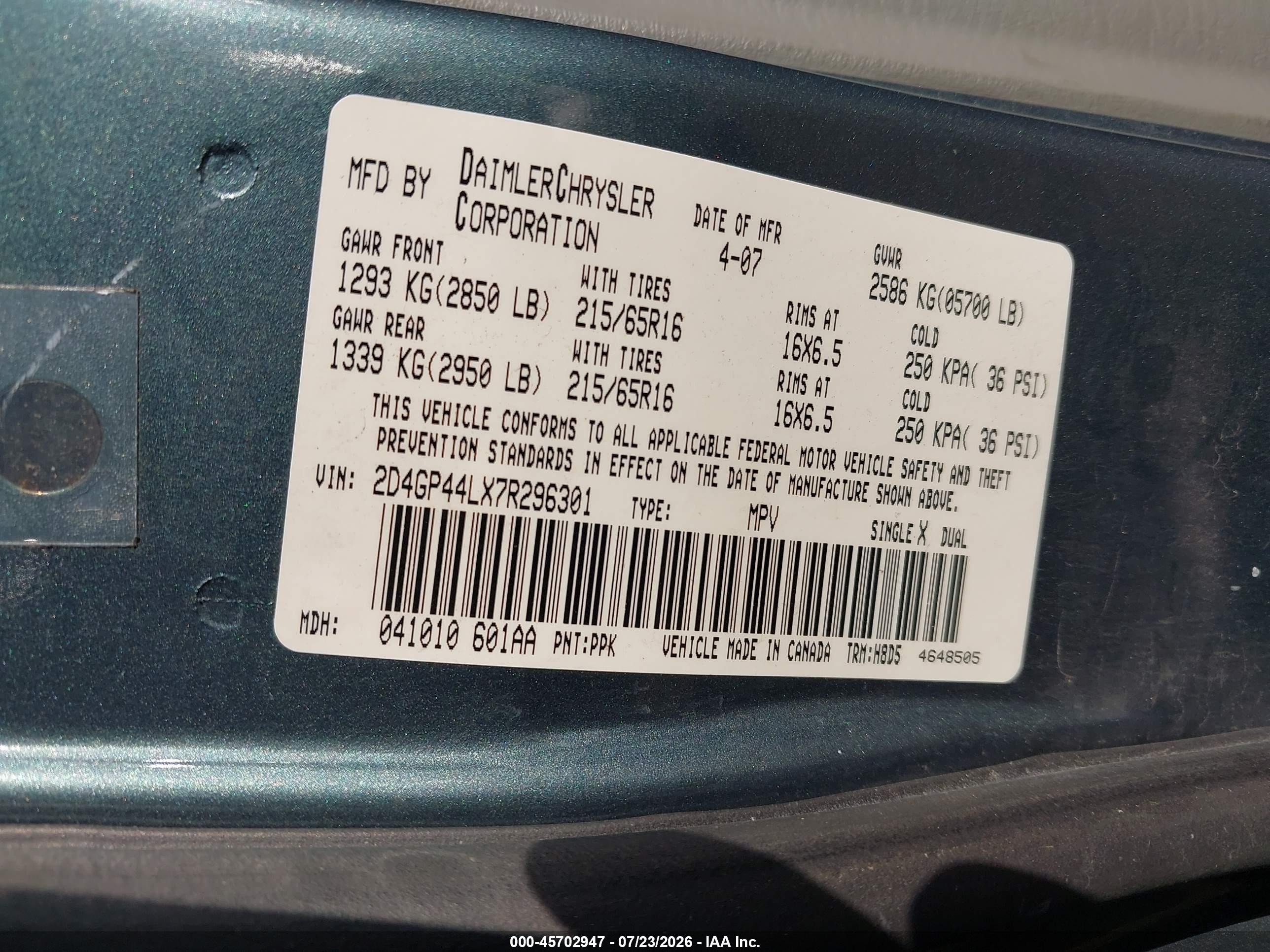 2007 Dodge Grand Caravan Sxt Blue vin: 2D4GP44LX7R296301