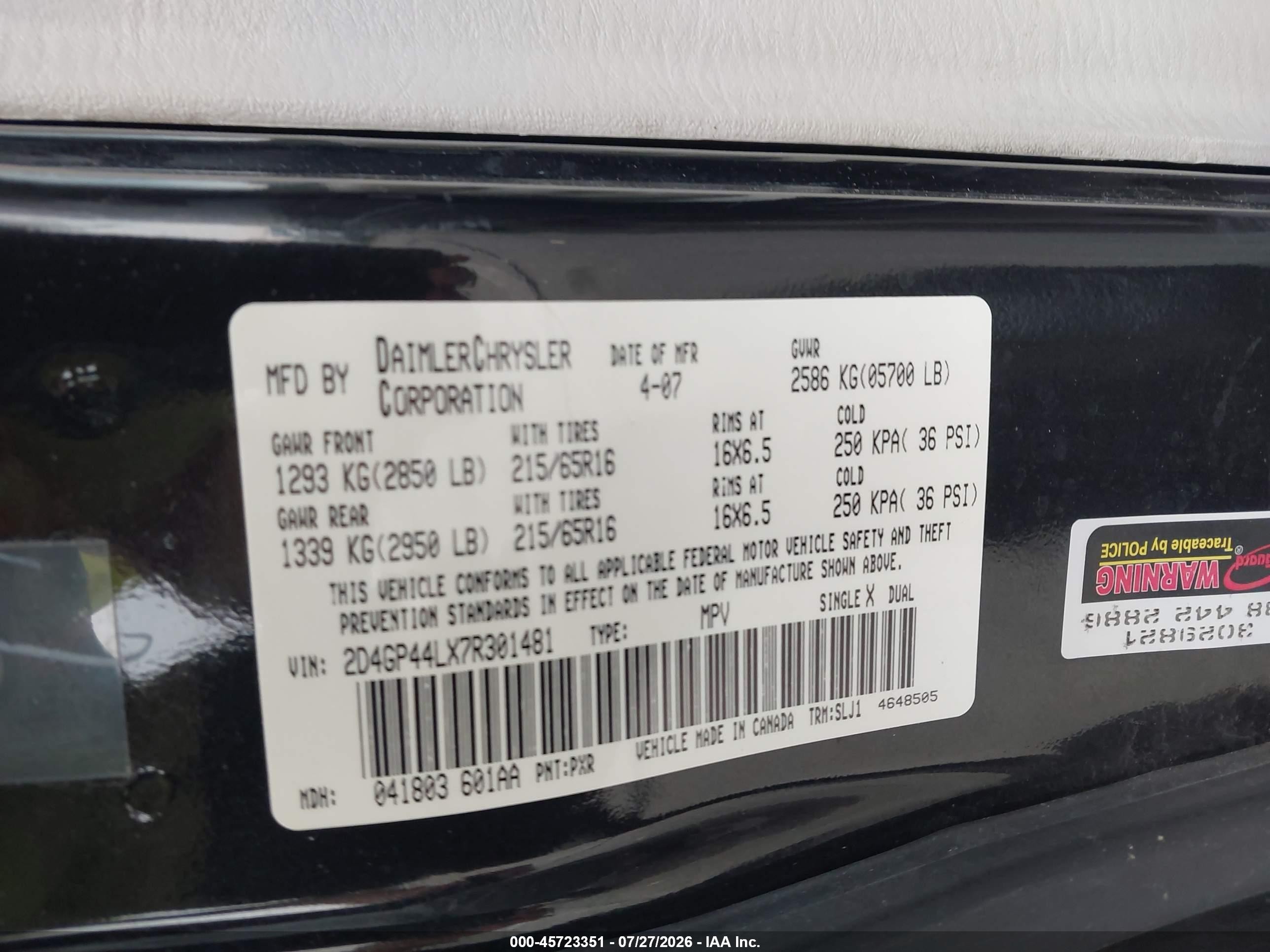 2007 Dodge Grand Caravan Sxt Black vin: 2D4GP44LX7R301481