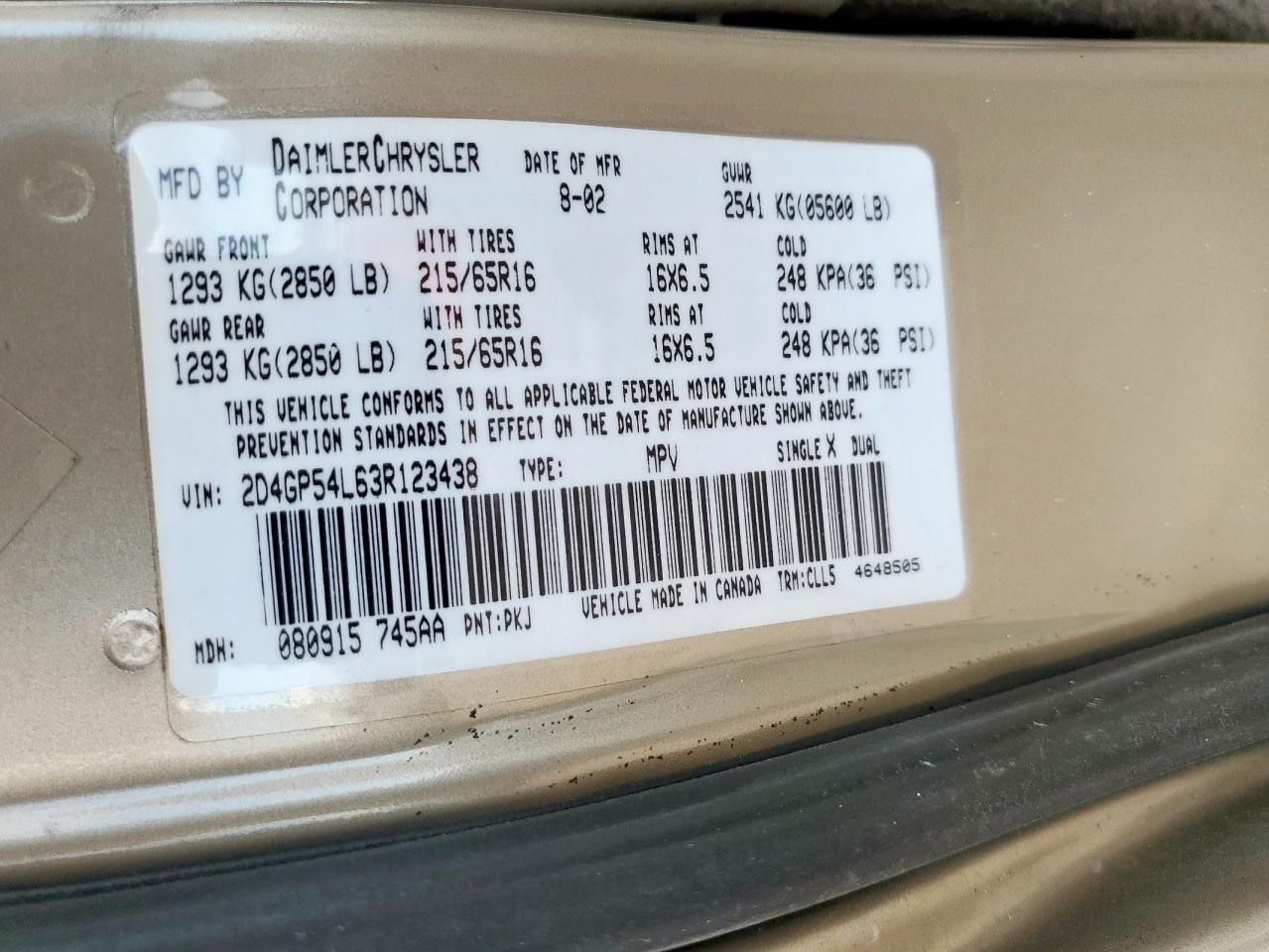 2003 Dodge Grand Caravan Es Tan vin: 2D4GP54L63R123438