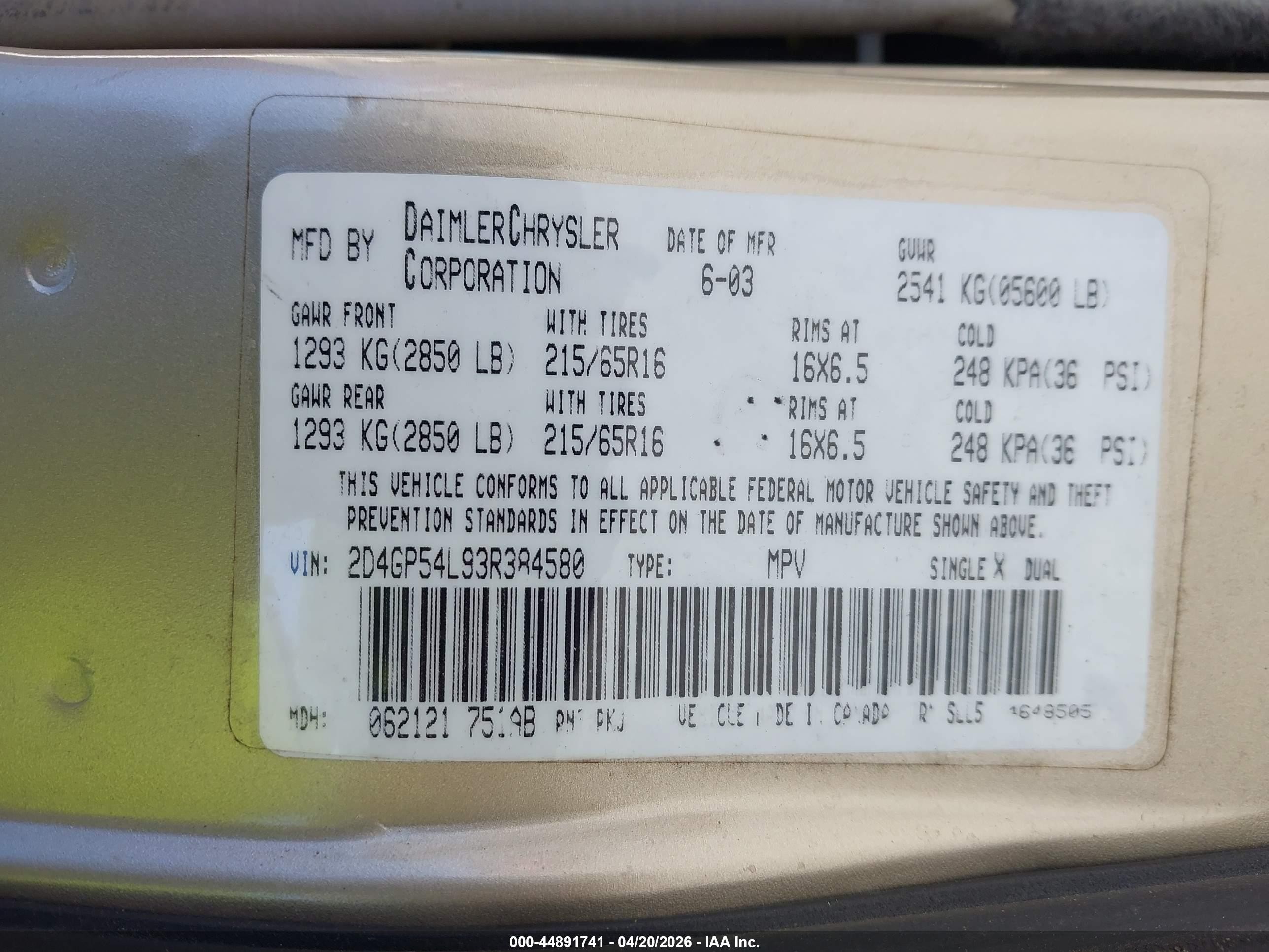 2003 Dodge Grand Caravan Es Gold vin: 2D4GP54L93R384580
